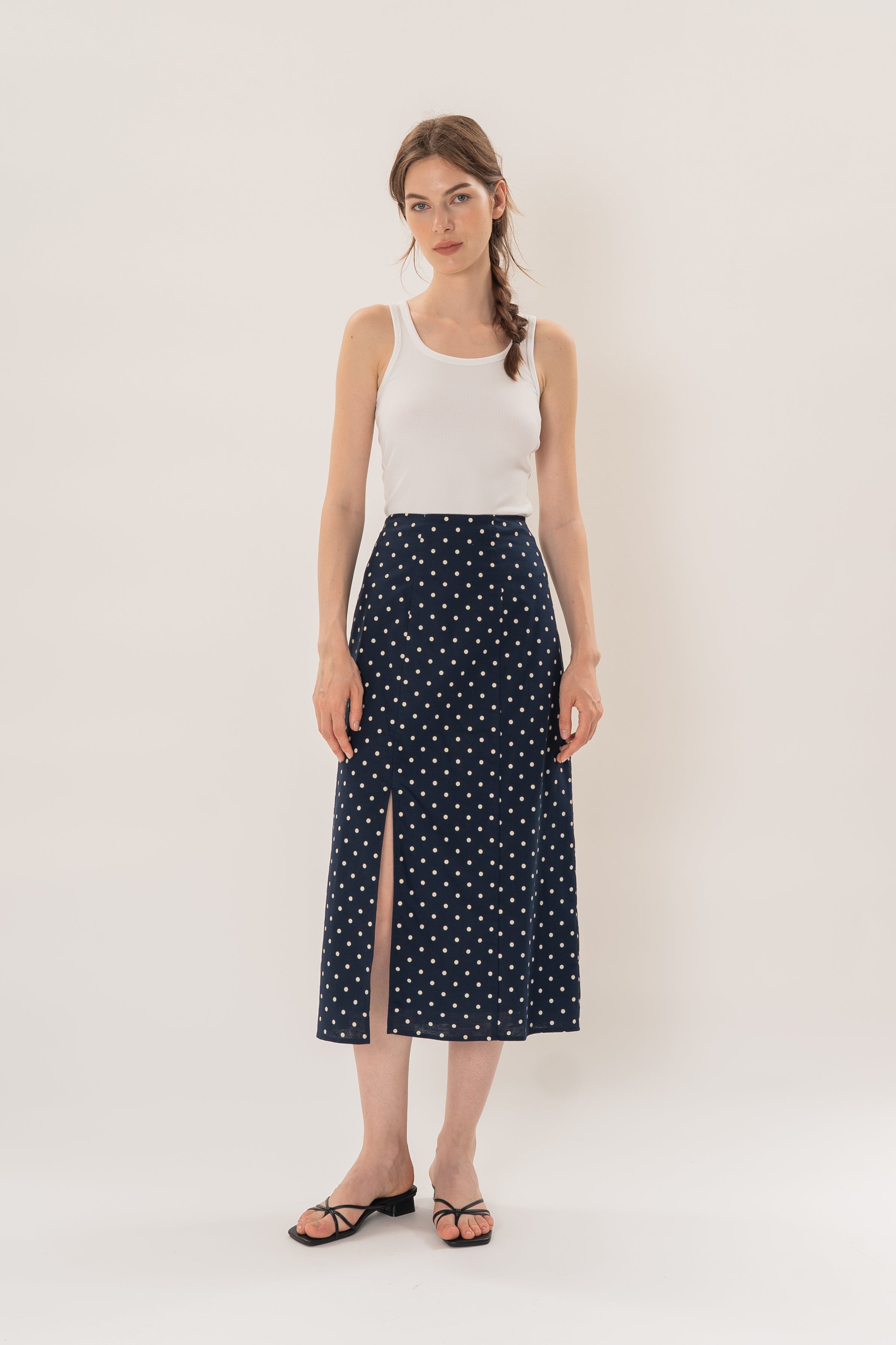 Midi Skirt With Slit in Ivory Dot