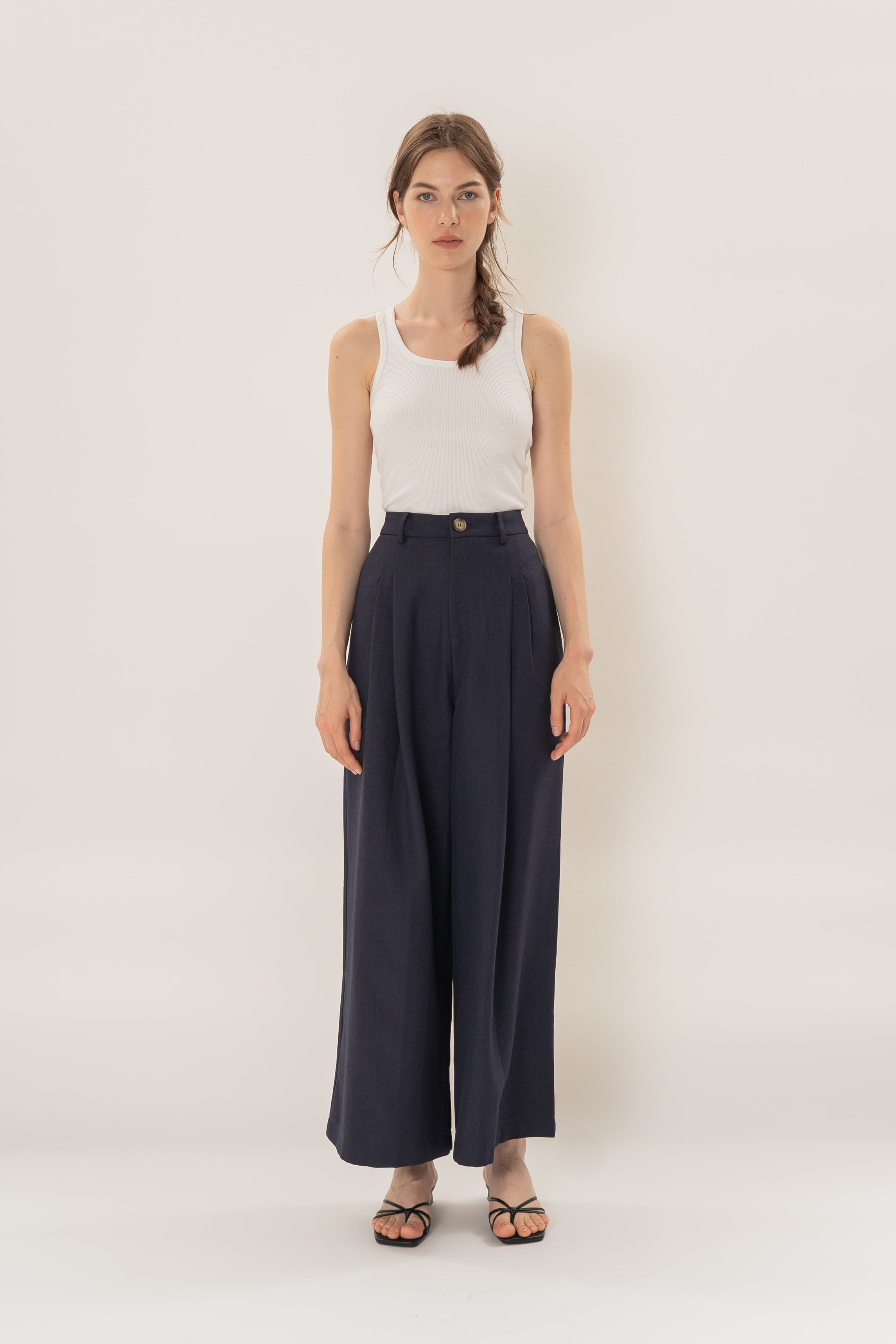 Linear Pleat Wide-Leg Trousers in Dark Navy