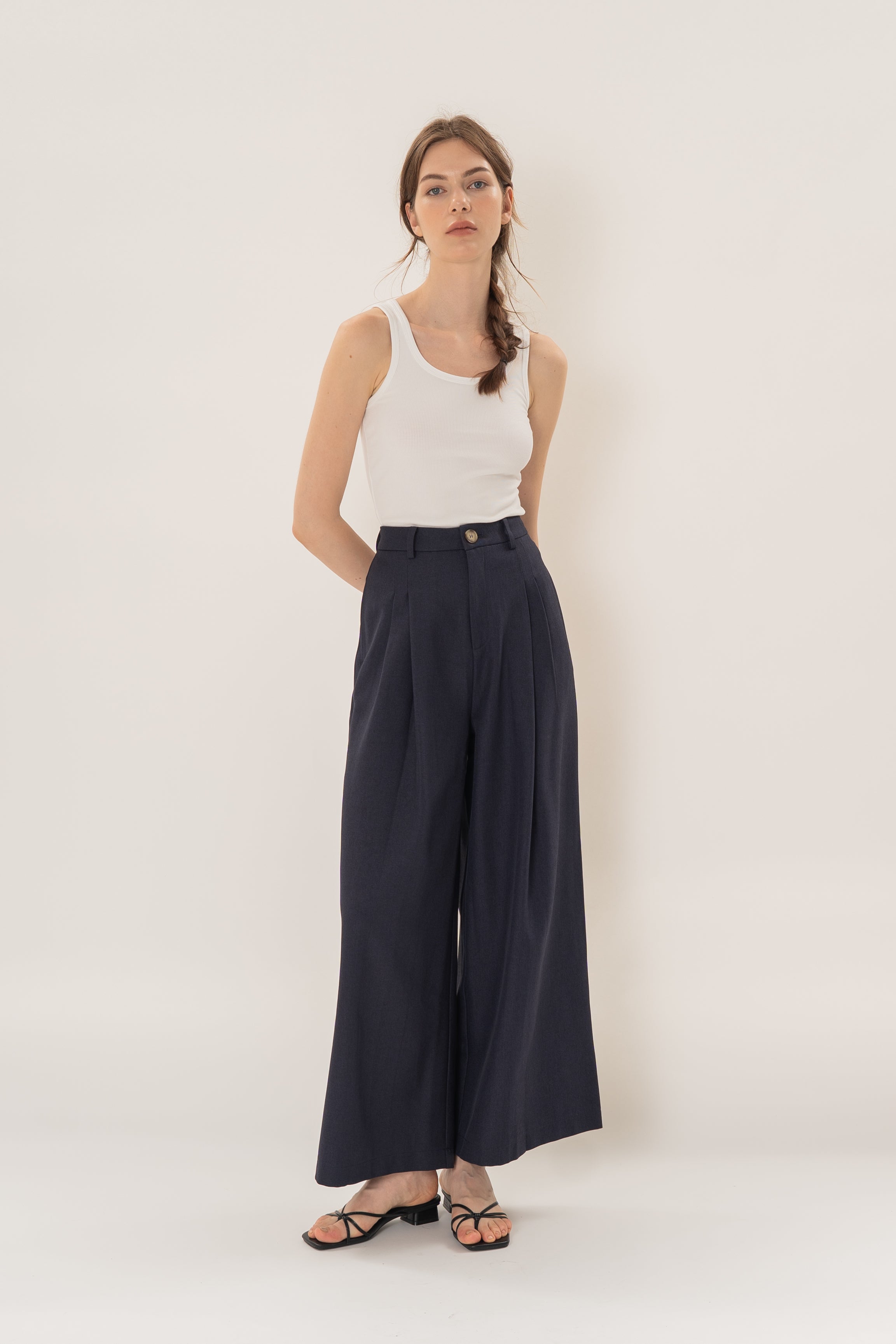 Linear Pleat Wide-Leg Trousers in Dark Navy