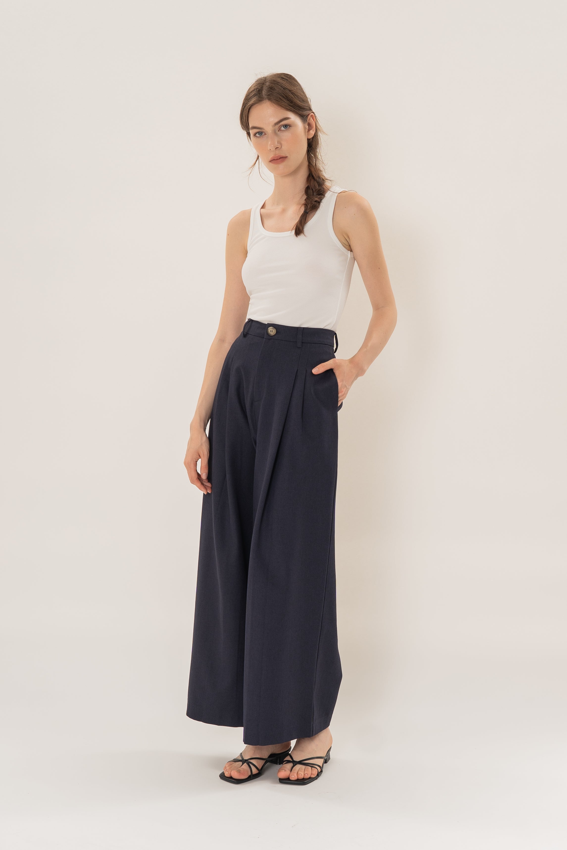 Linear Pleat Wide-Leg Trousers in Dark Navy