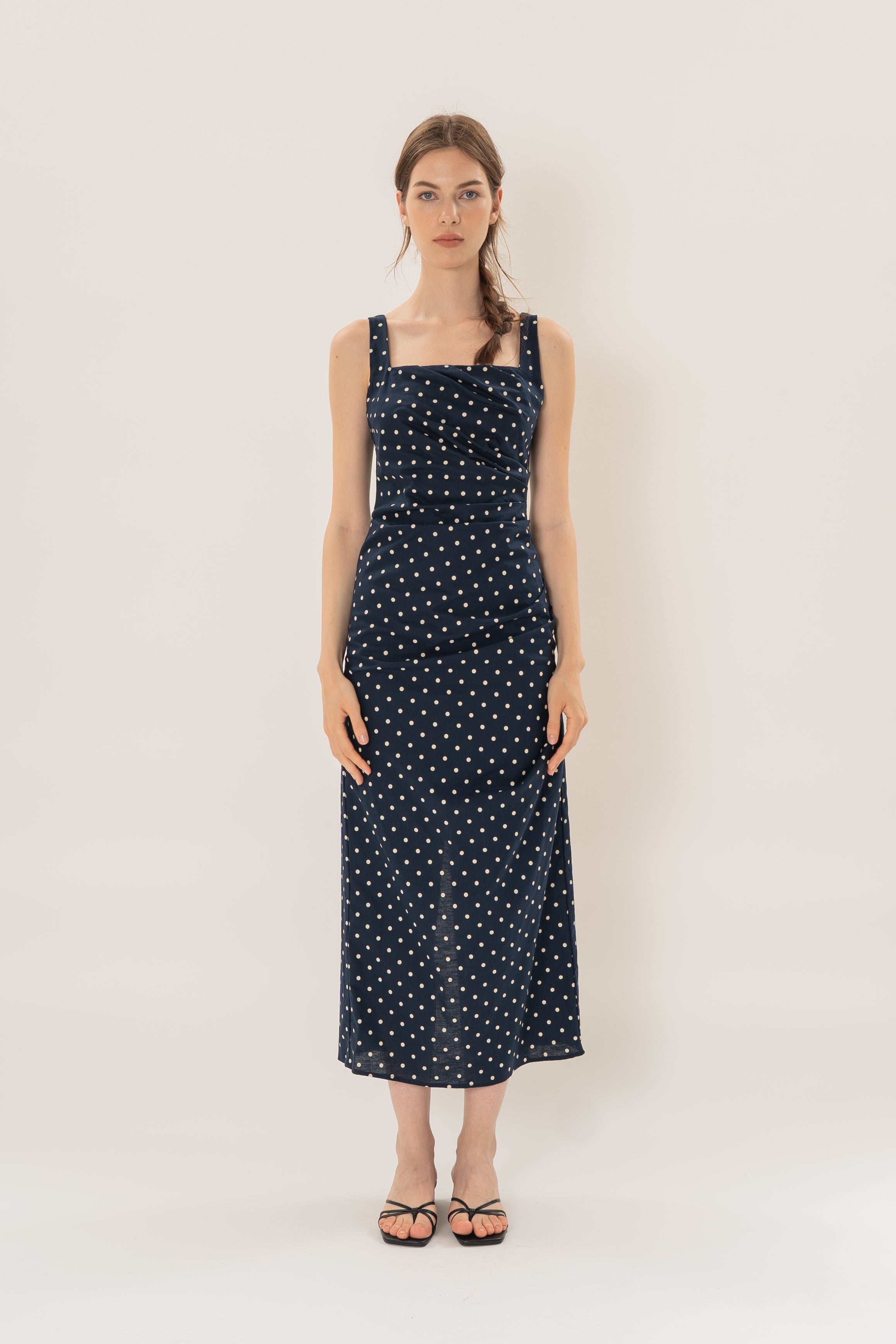 Ruched Maxi Dress in Ivory Dot