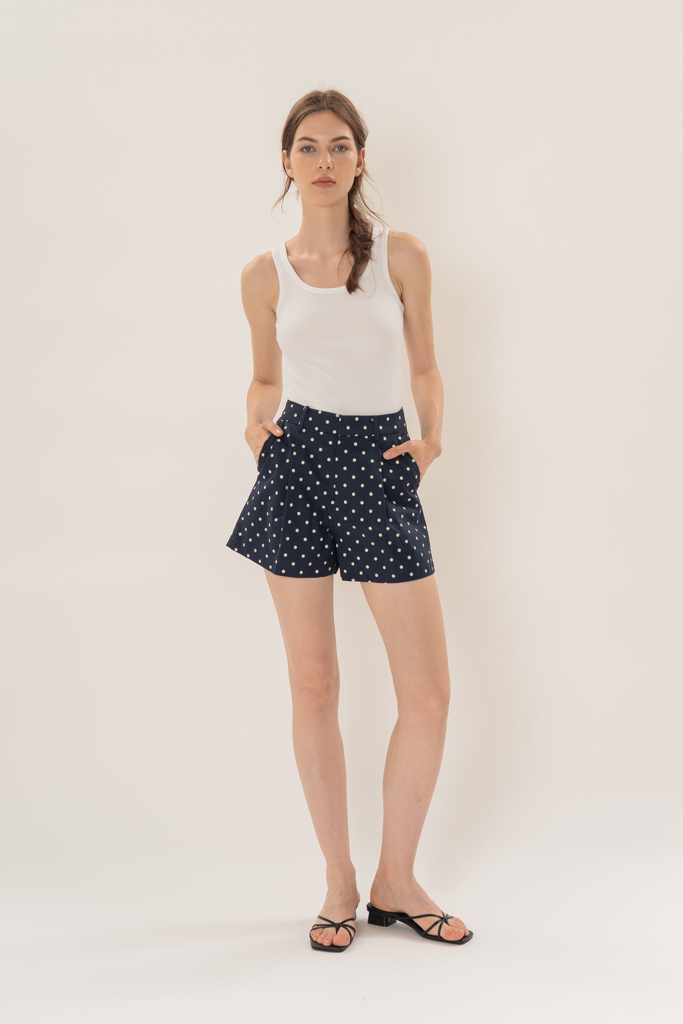 Volume Pleated Shorts in Ivory Dot
