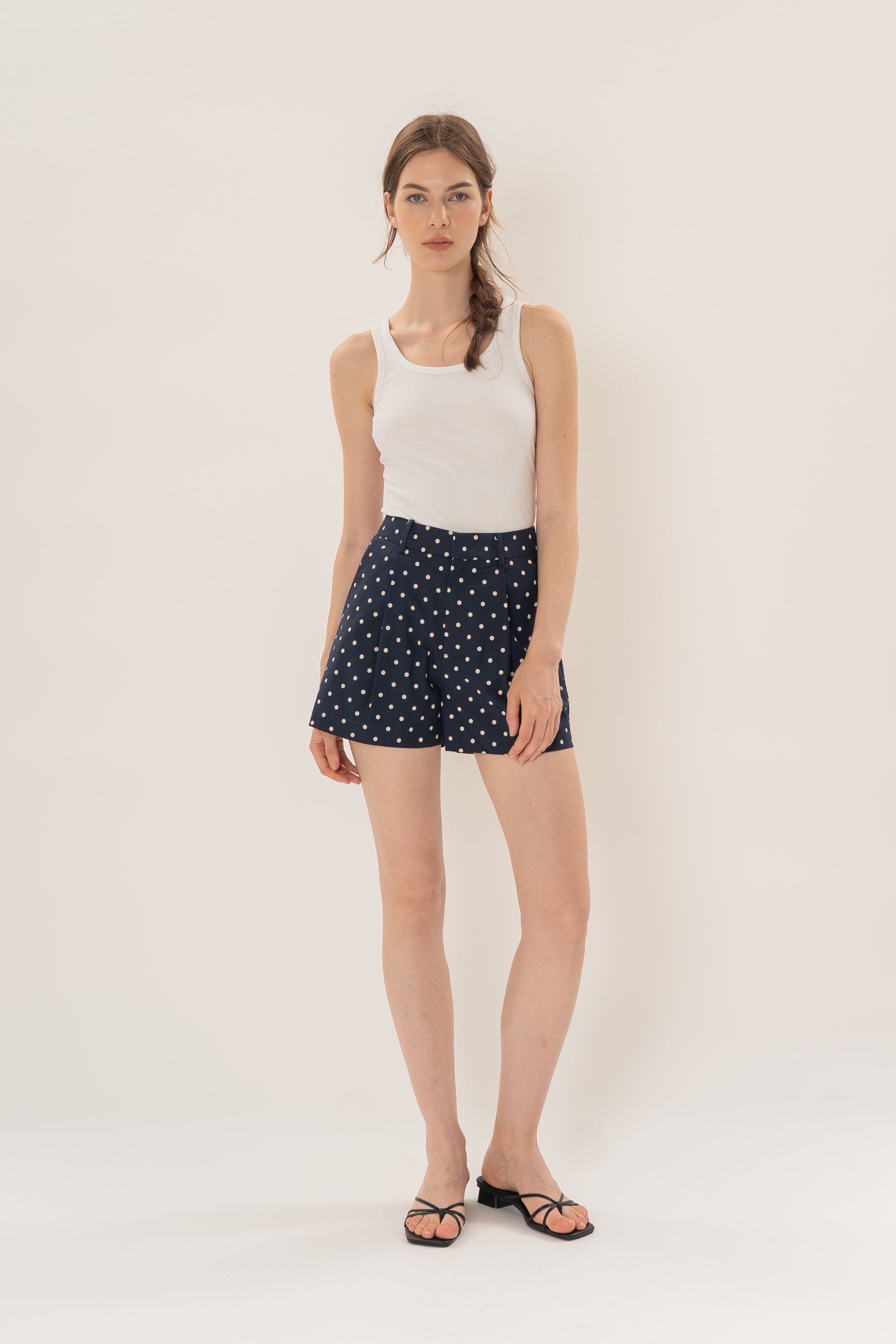 Volume Pleated Shorts in Ivory Dot