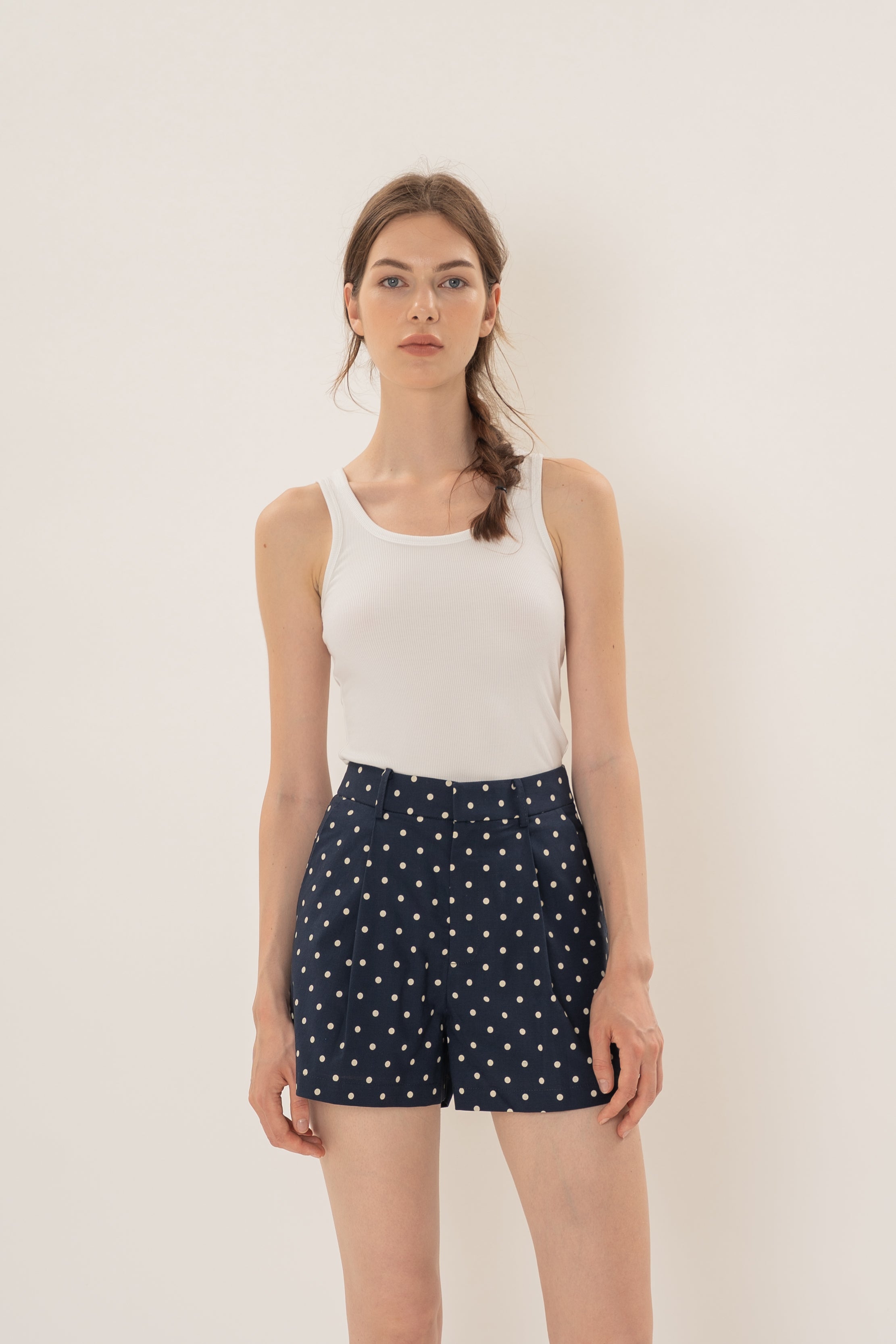 Volume Pleated Shorts in Ivory Dot