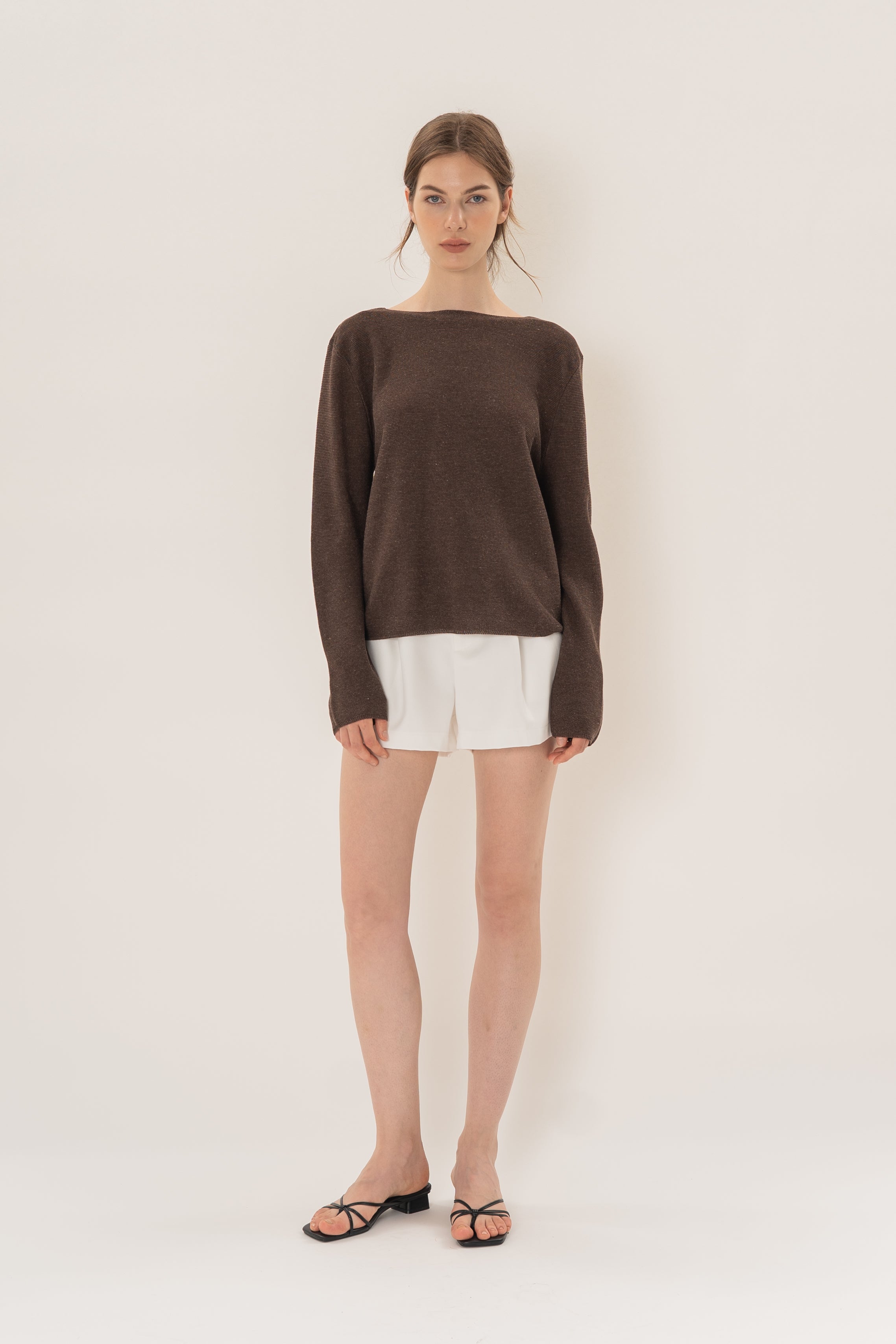 Summer Knit Boat Neck Sweater in Heather Brown