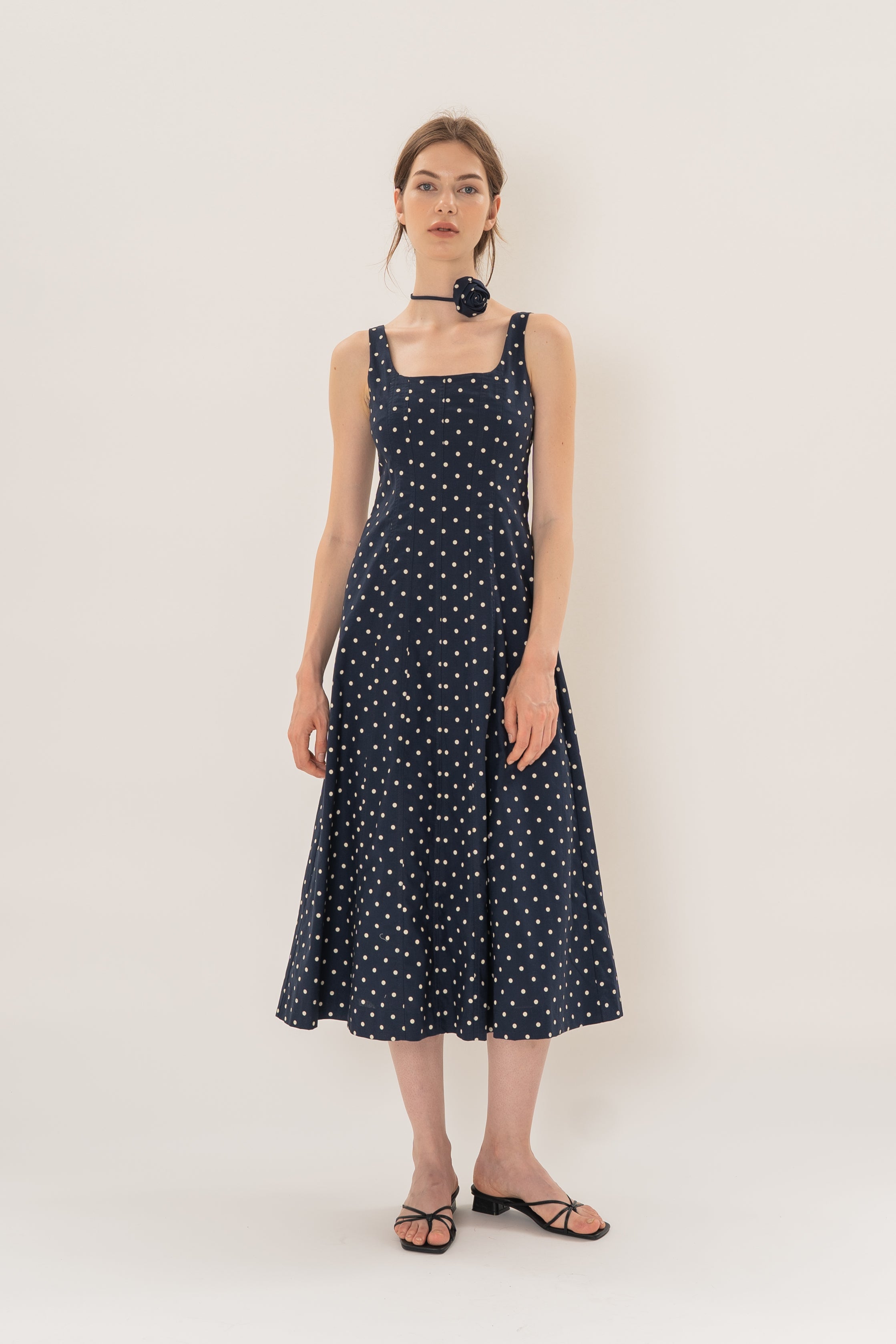 Scoop Neck Midi Dress With Floral Sash in Ivory Dot