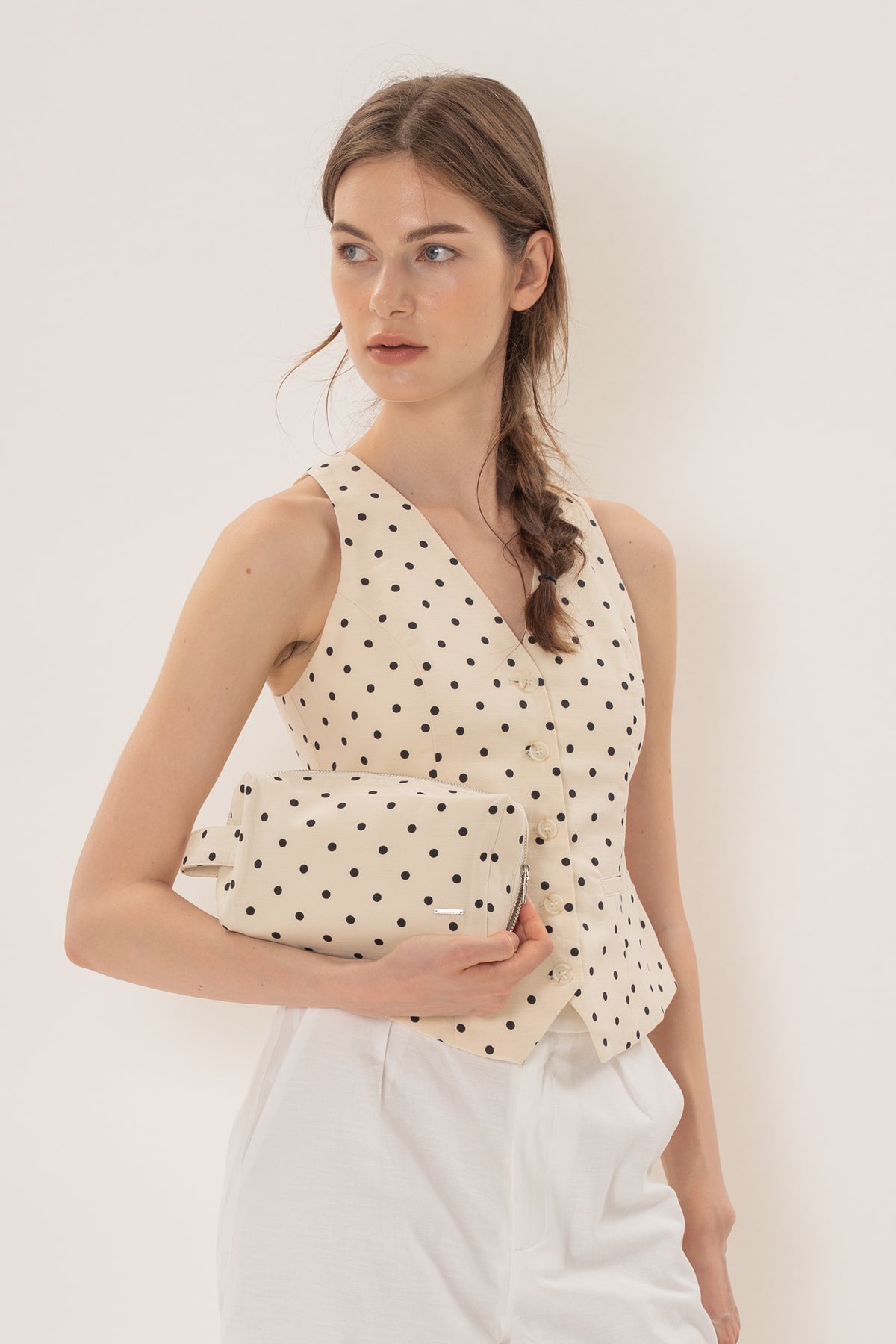 Pouch With Carrying Strap in Polka Dot Ivory