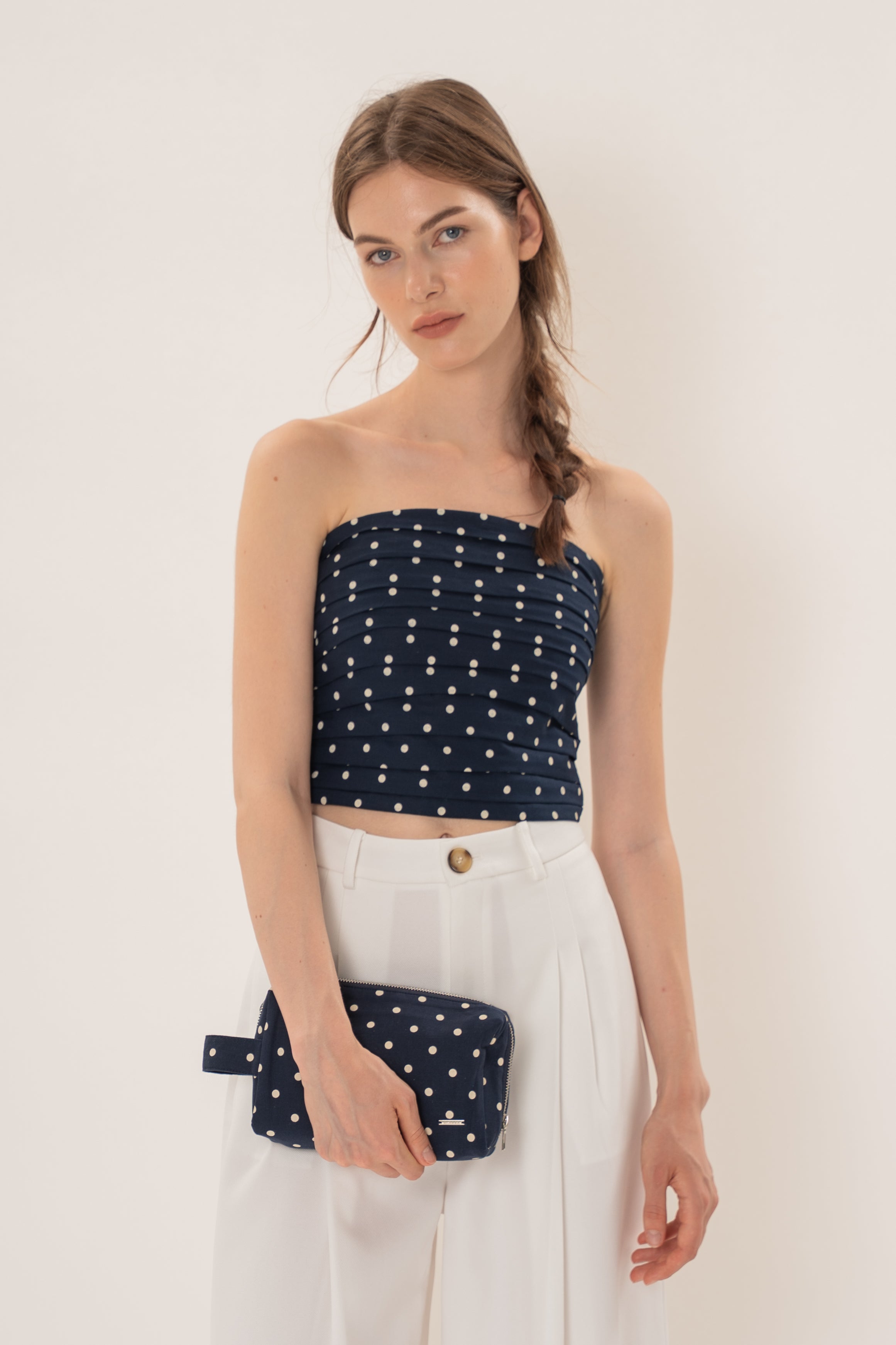 Pouch With Carrying Strap in Polka Dot Navy