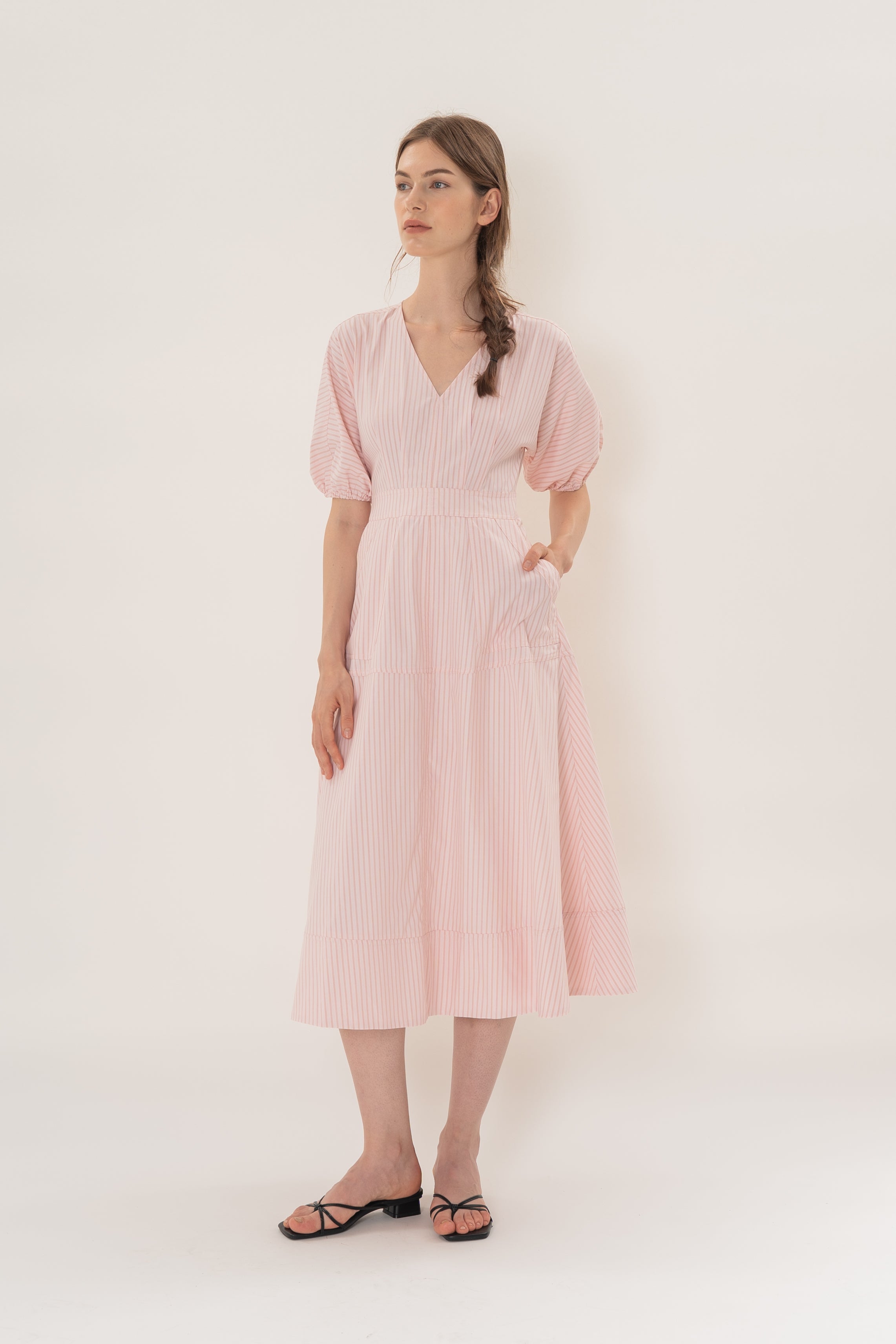 V Neck Stitchline Midi Dress in Roseate Stripe