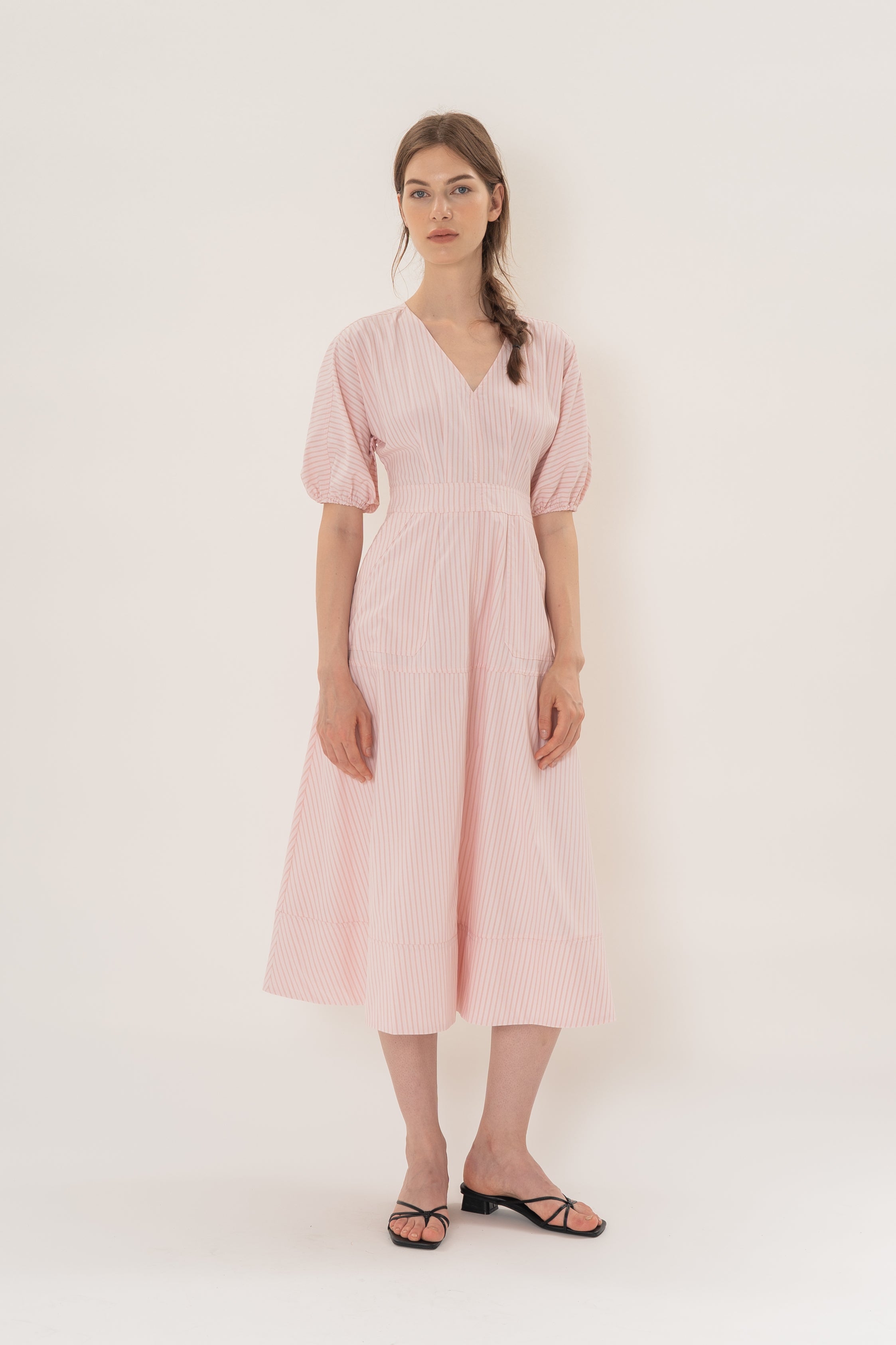 V Neck Stitchline Midi Dress in Roseate Stripe