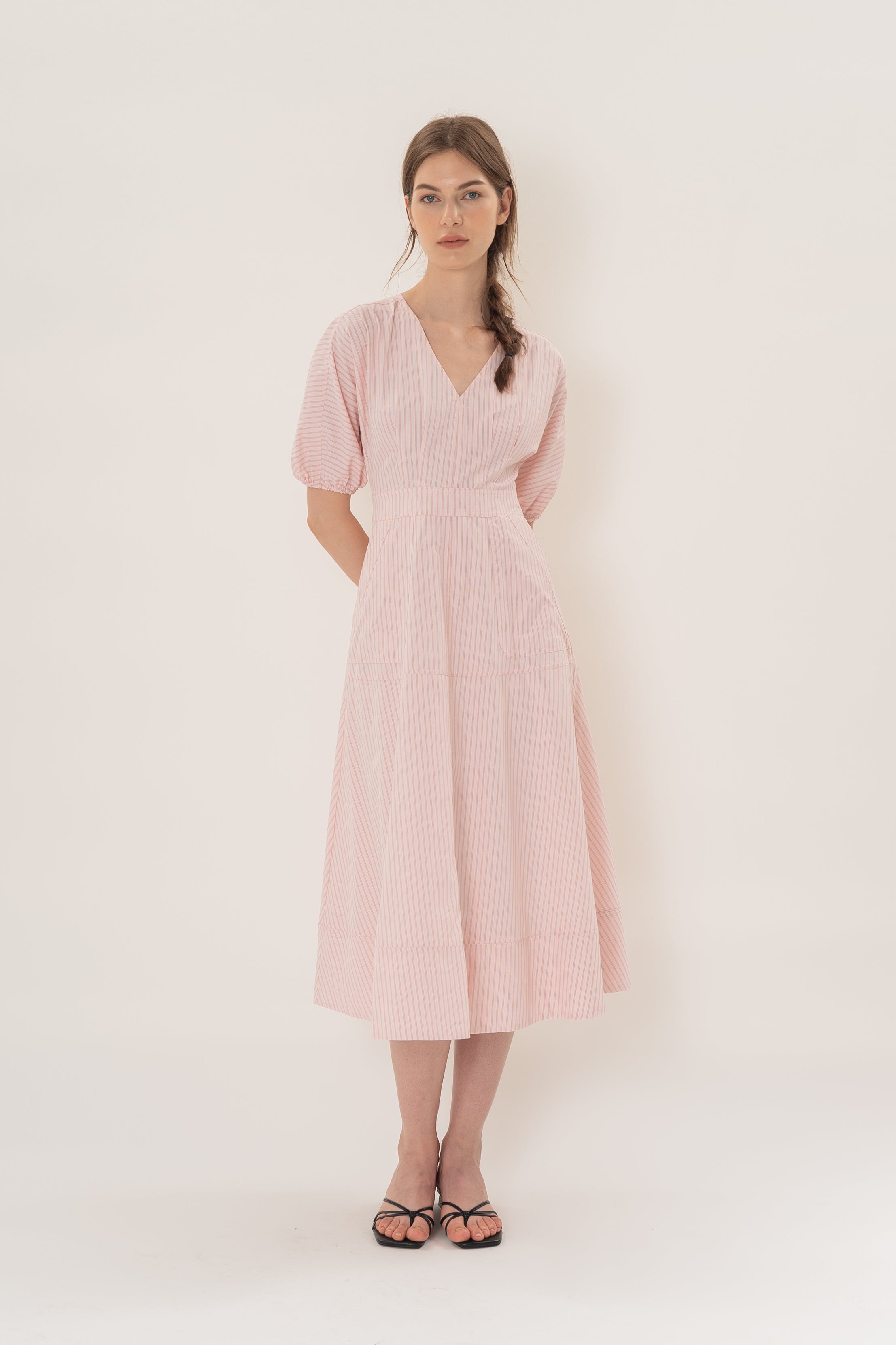 V Neck Stitchline Midi Dress in Roseate Stripe