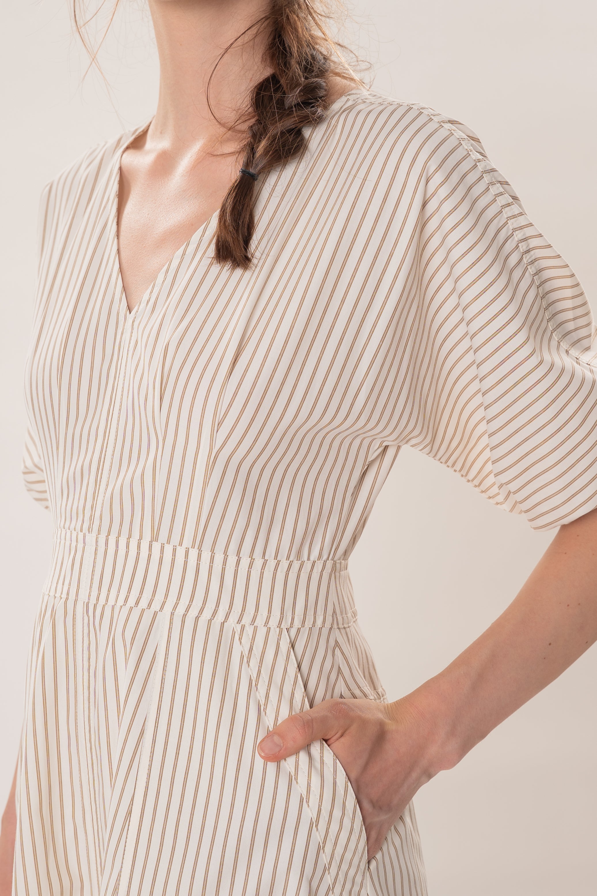 V Neck Stitchline Midi Dress in Tan Stripe