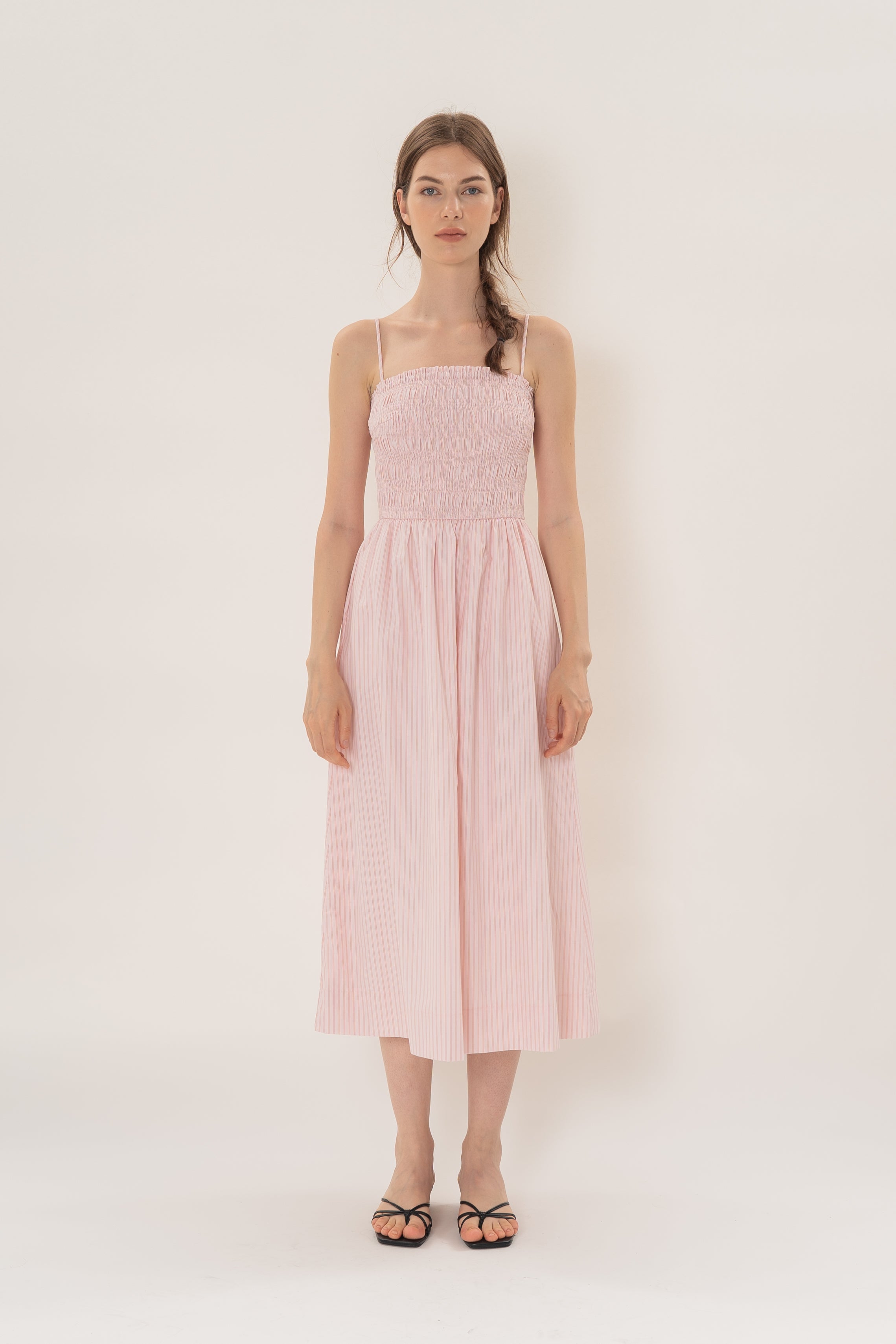 Cami Shirred Midi Dress in Roseate Stripe