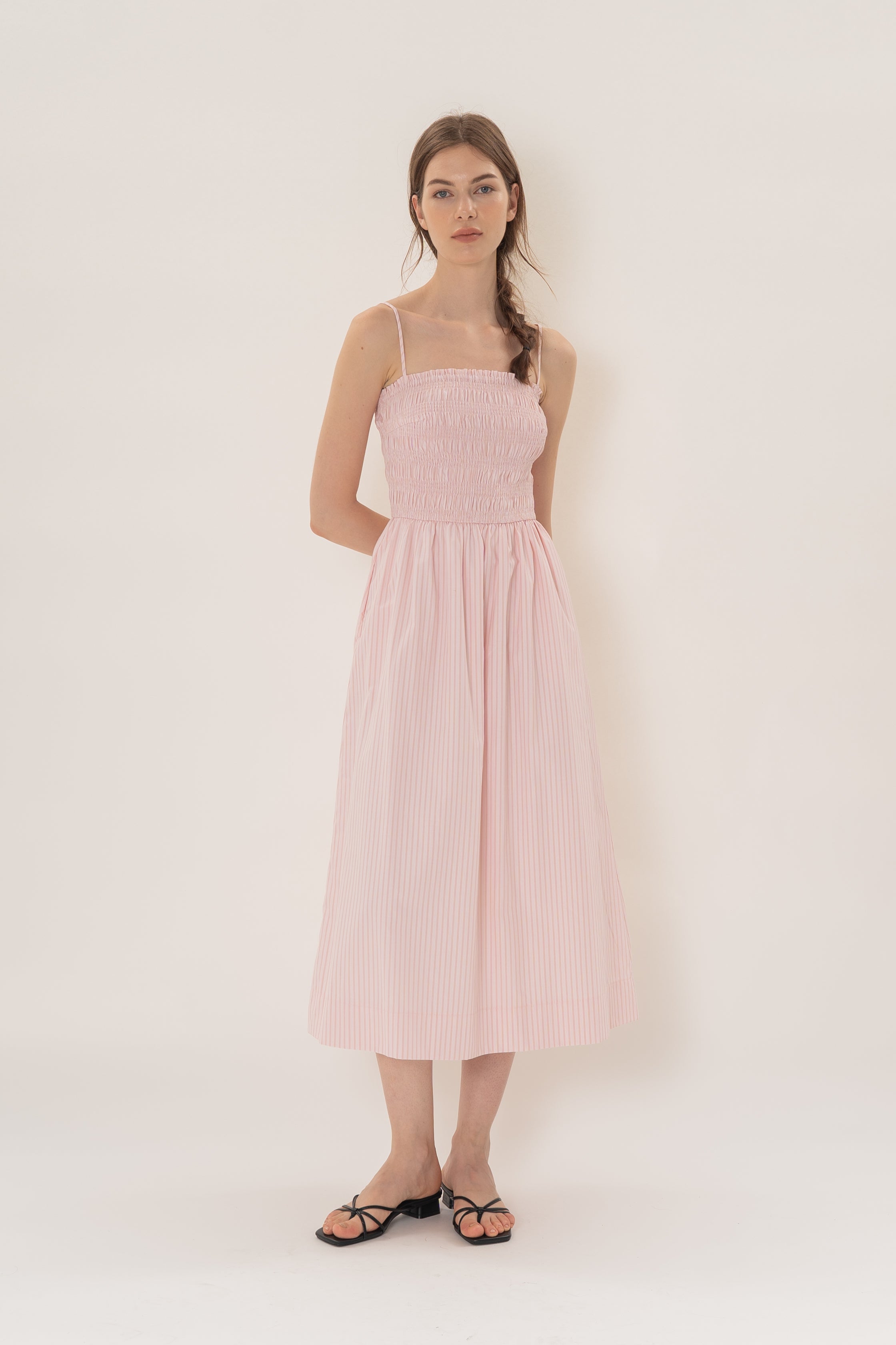 Cami Shirred Midi Dress in Roseate Stripe