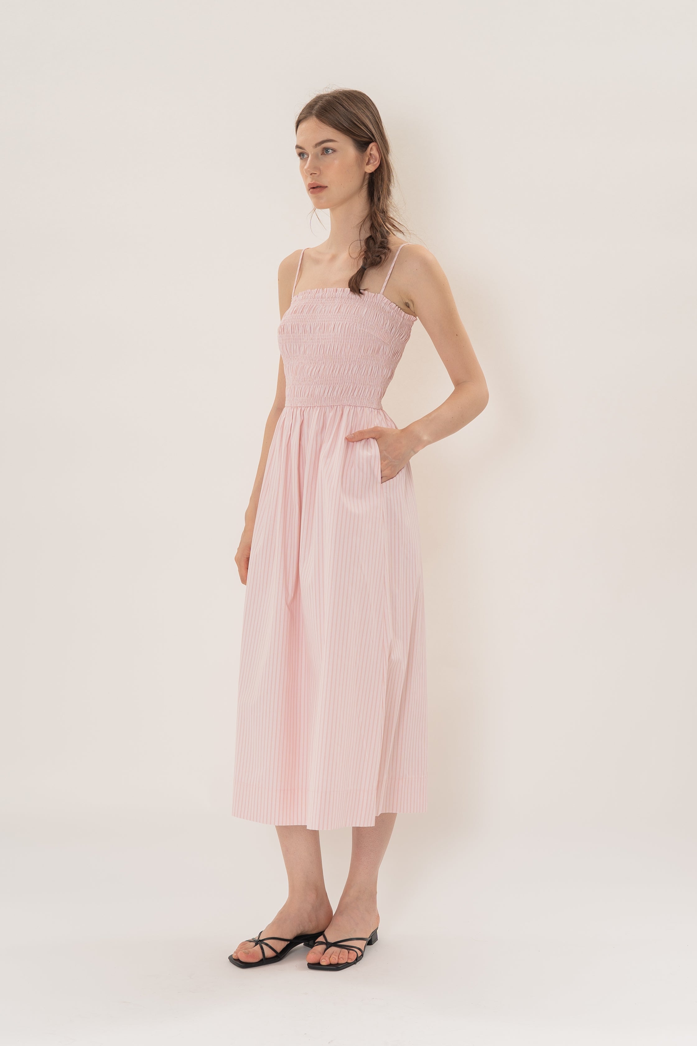 Cami Shirred Midi Dress in Roseate Stripe