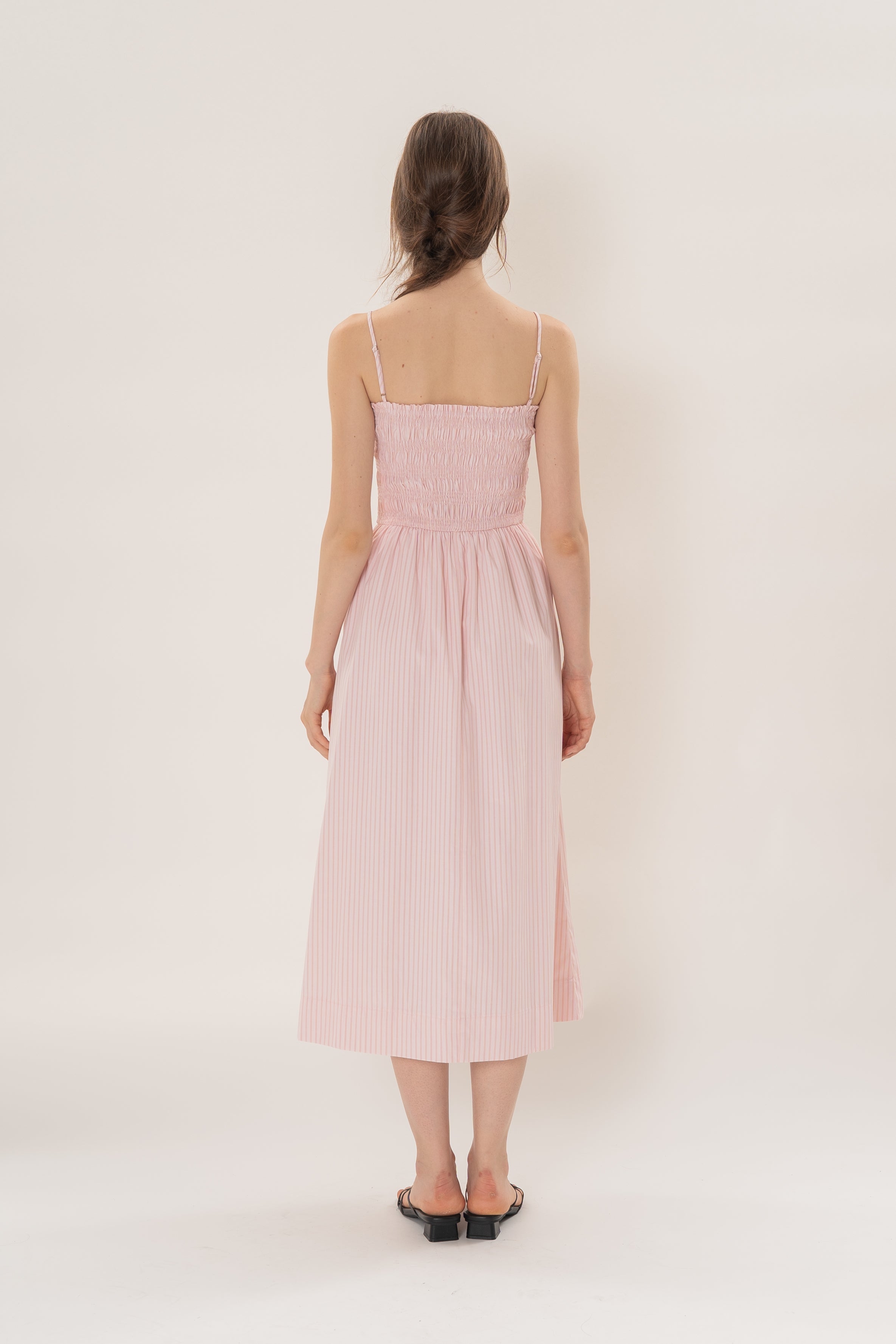 Cami Shirred Midi Dress in Roseate Stripe