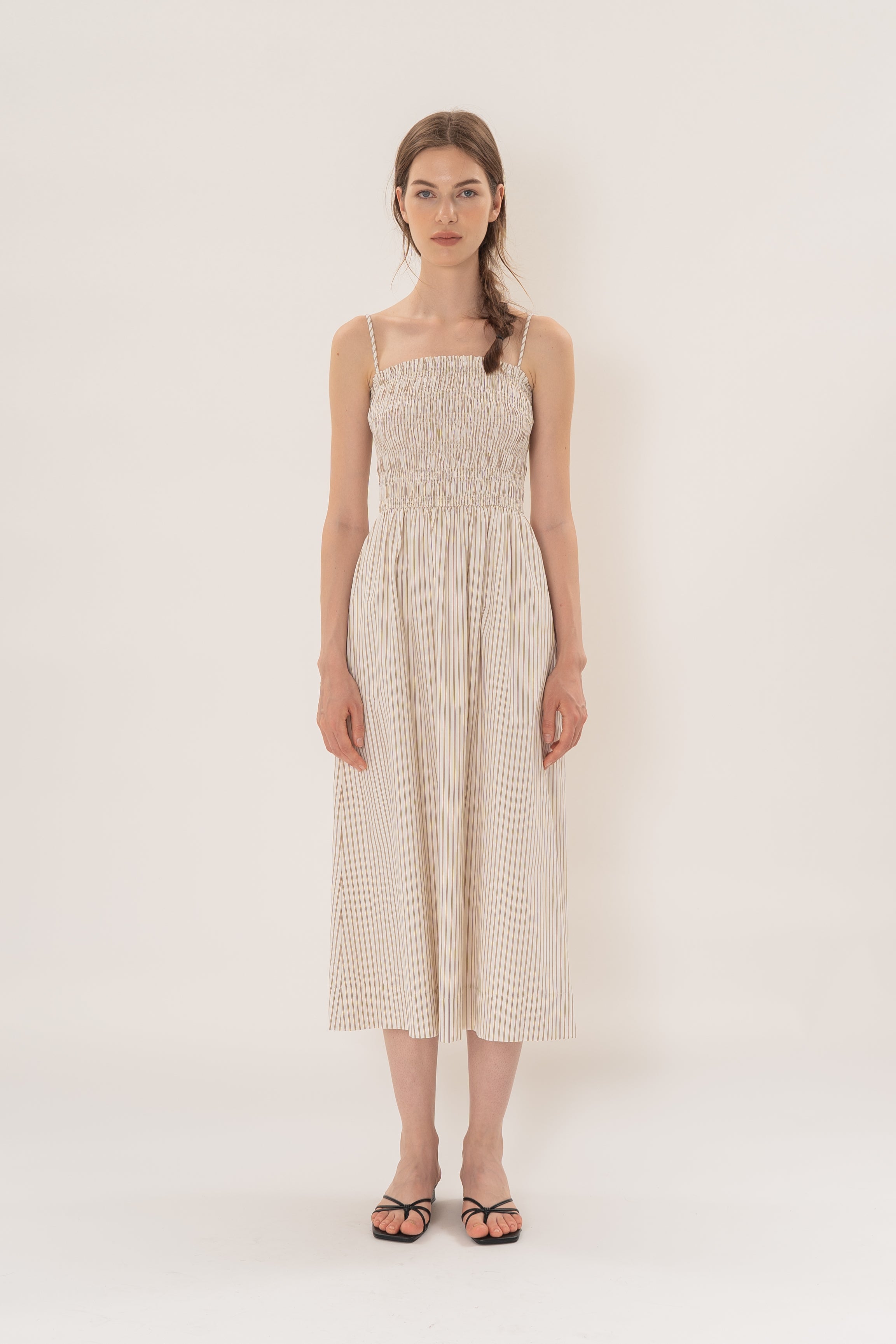 Cami Shirred Midi Dress in Tan Stripe