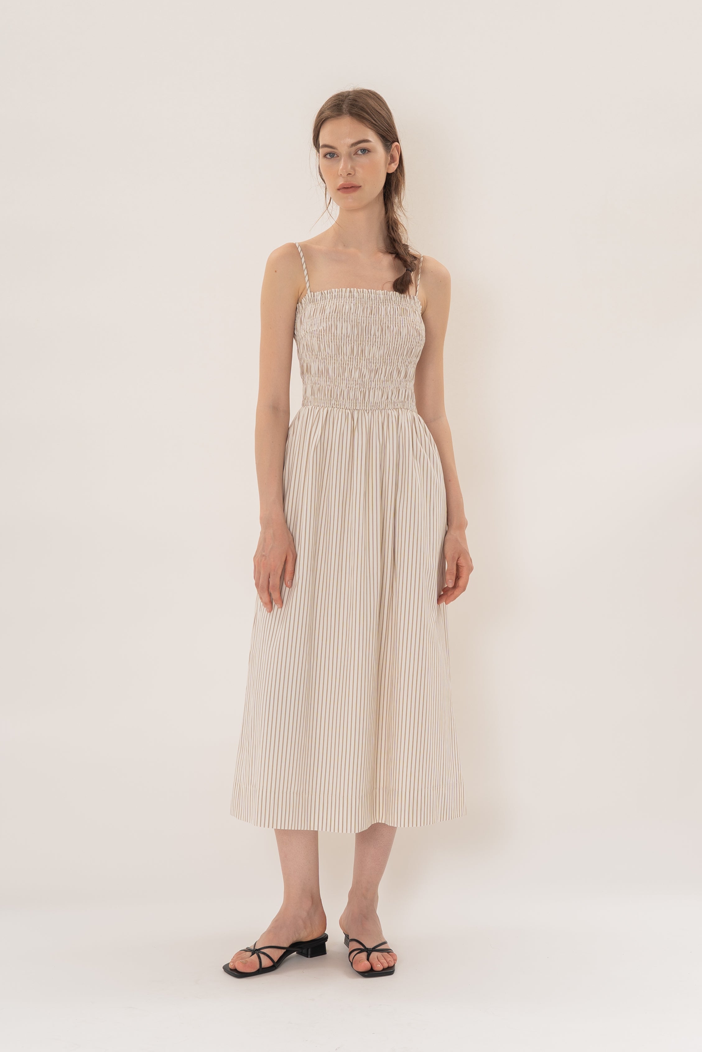 Cami Shirred Midi Dress in Tan Stripe