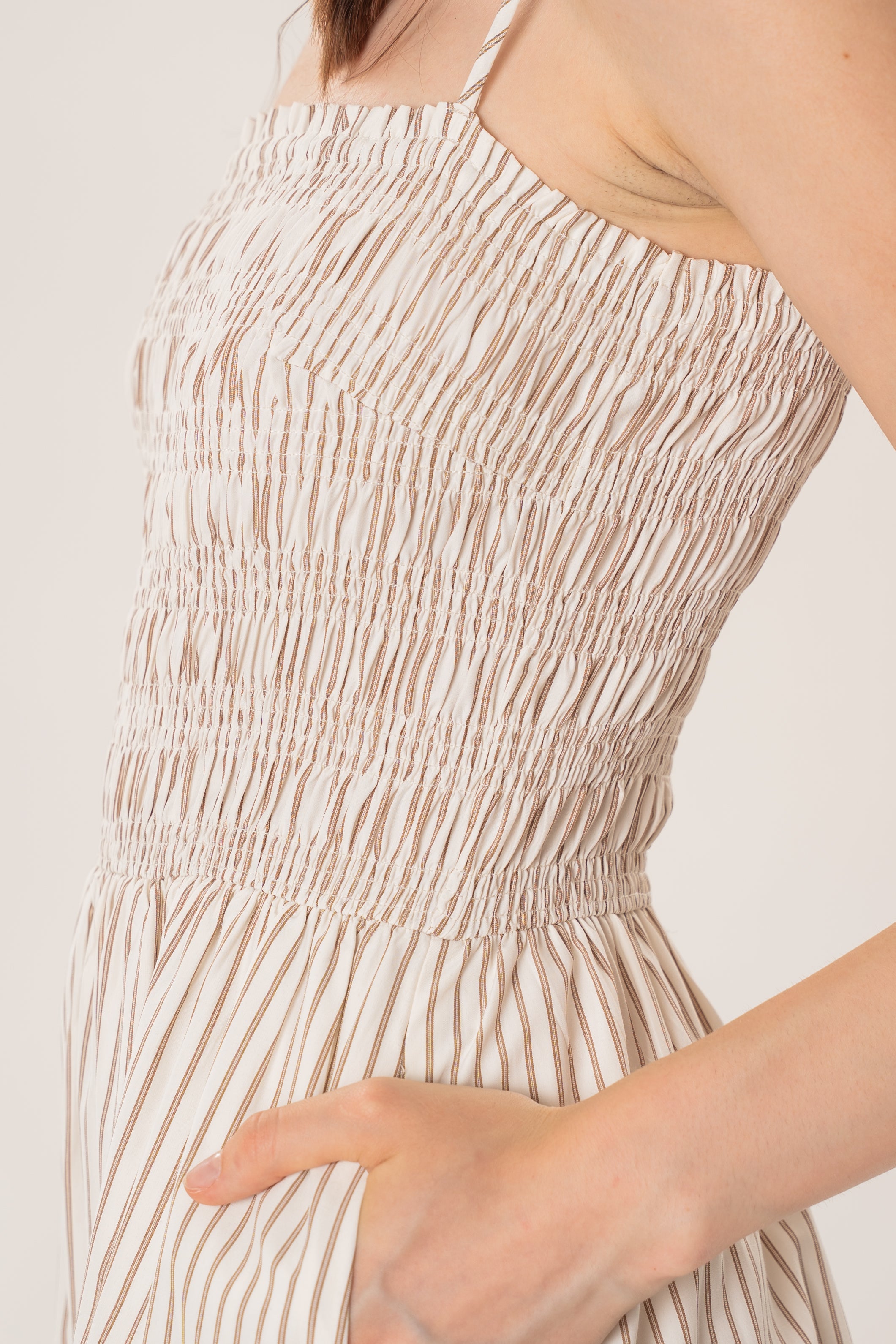 Cami Shirred Midi Dress in Tan Stripe