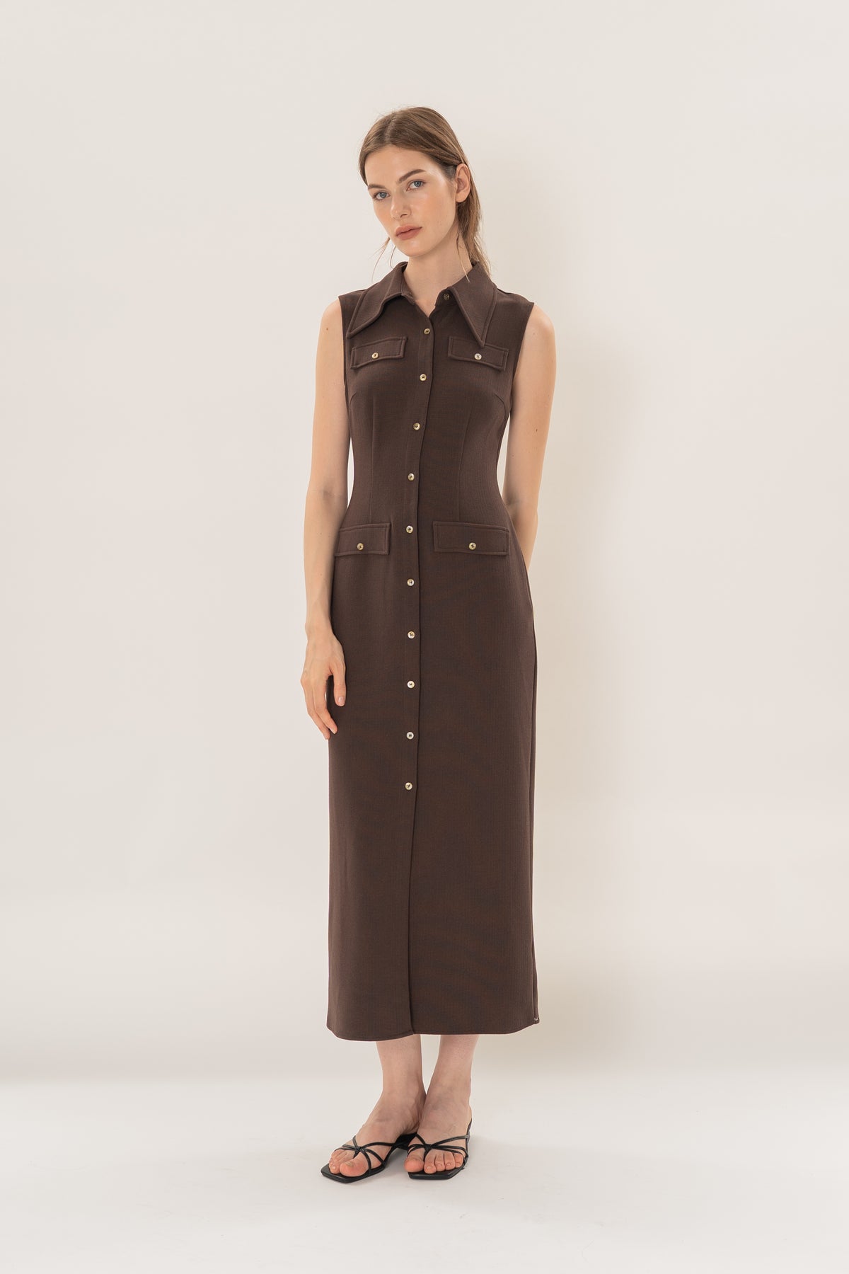 Collared Sleeveless Column Dress in Umber