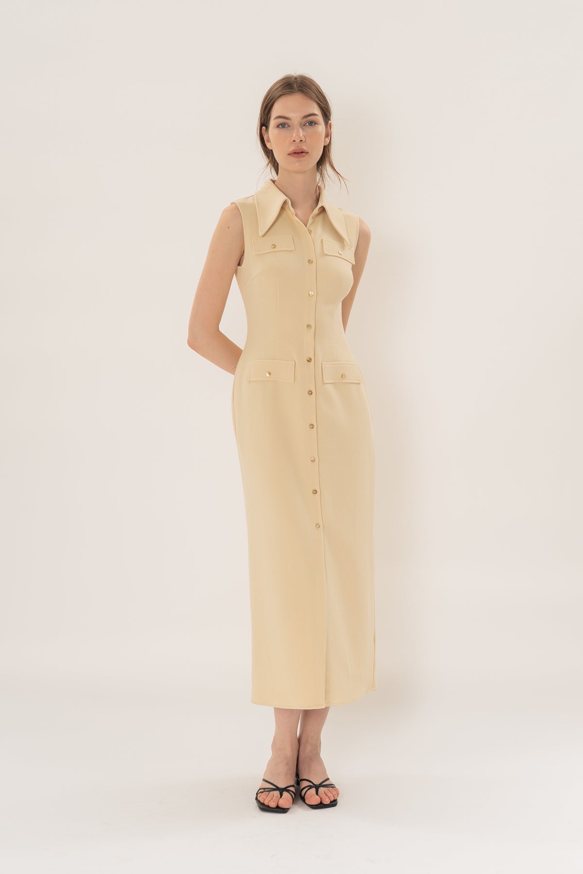 Collared Sleeveless Column Dress in Eggnog