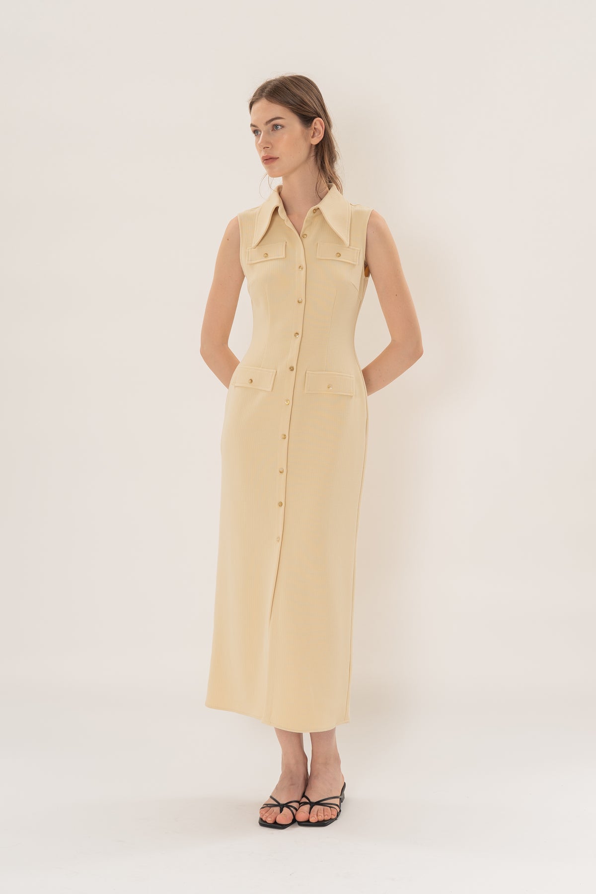 Collared Sleeveless Column Dress in Eggnog