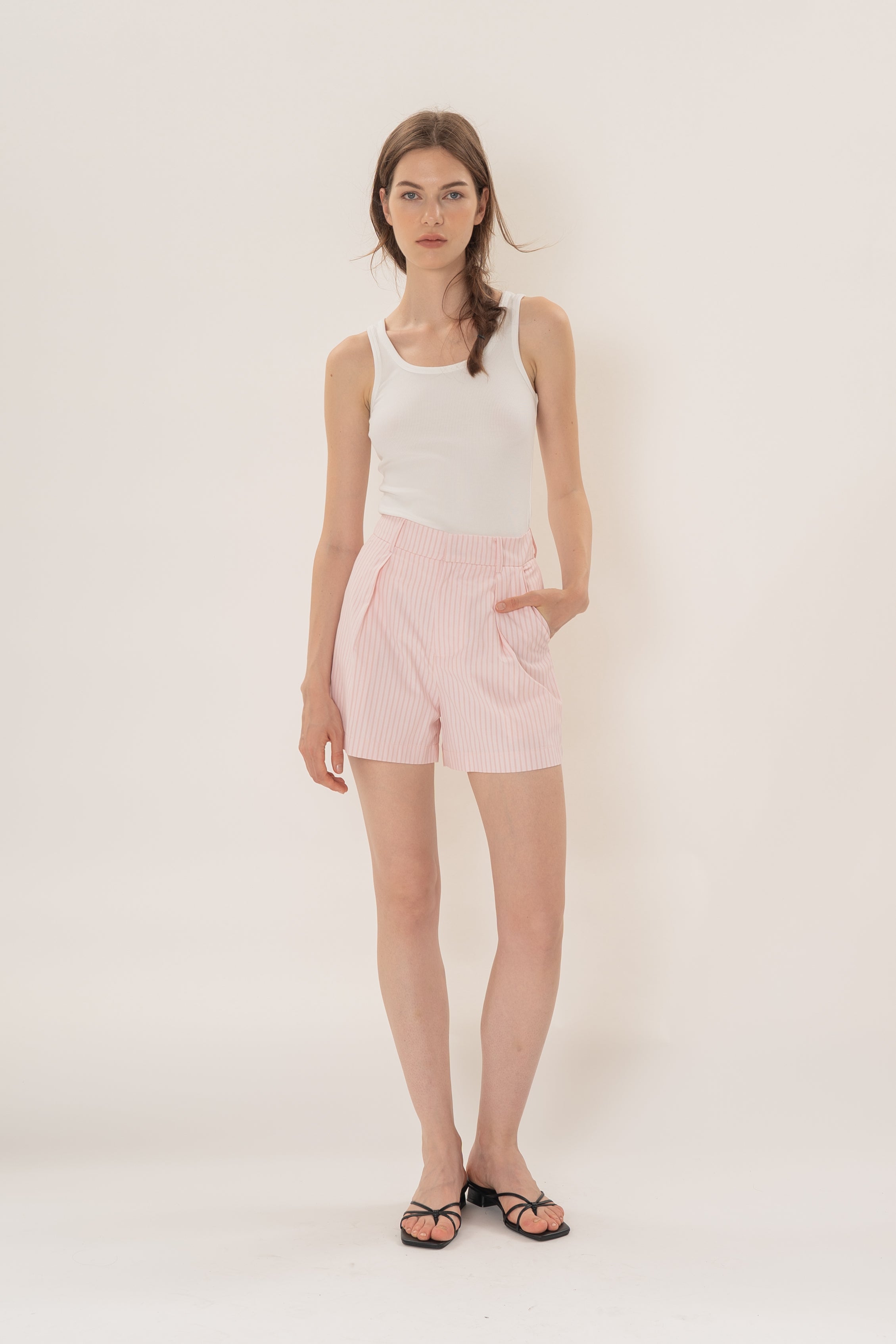 Pleated Shorts in Roseate Stripe