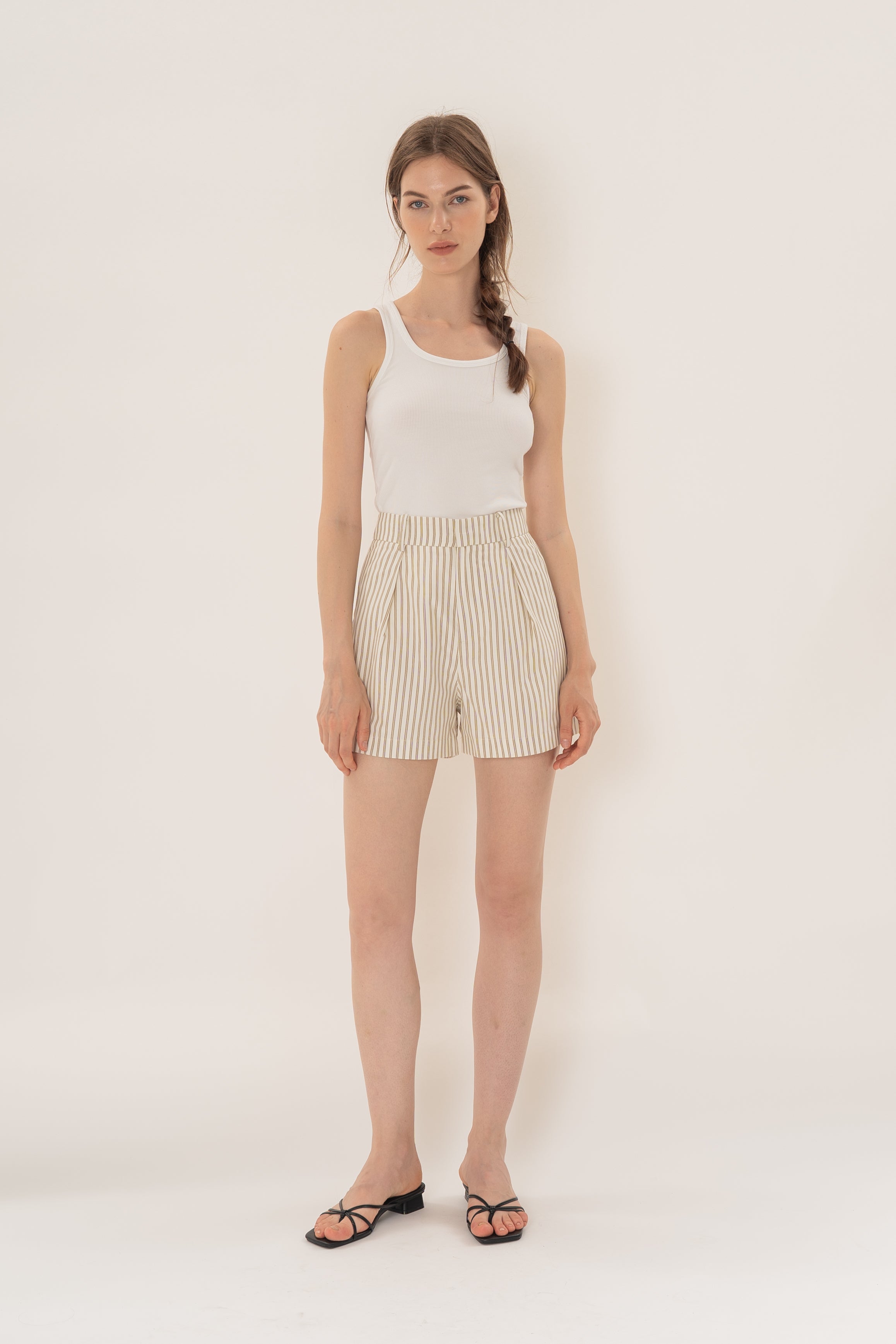 Pleated Shorts in Tan Stripe