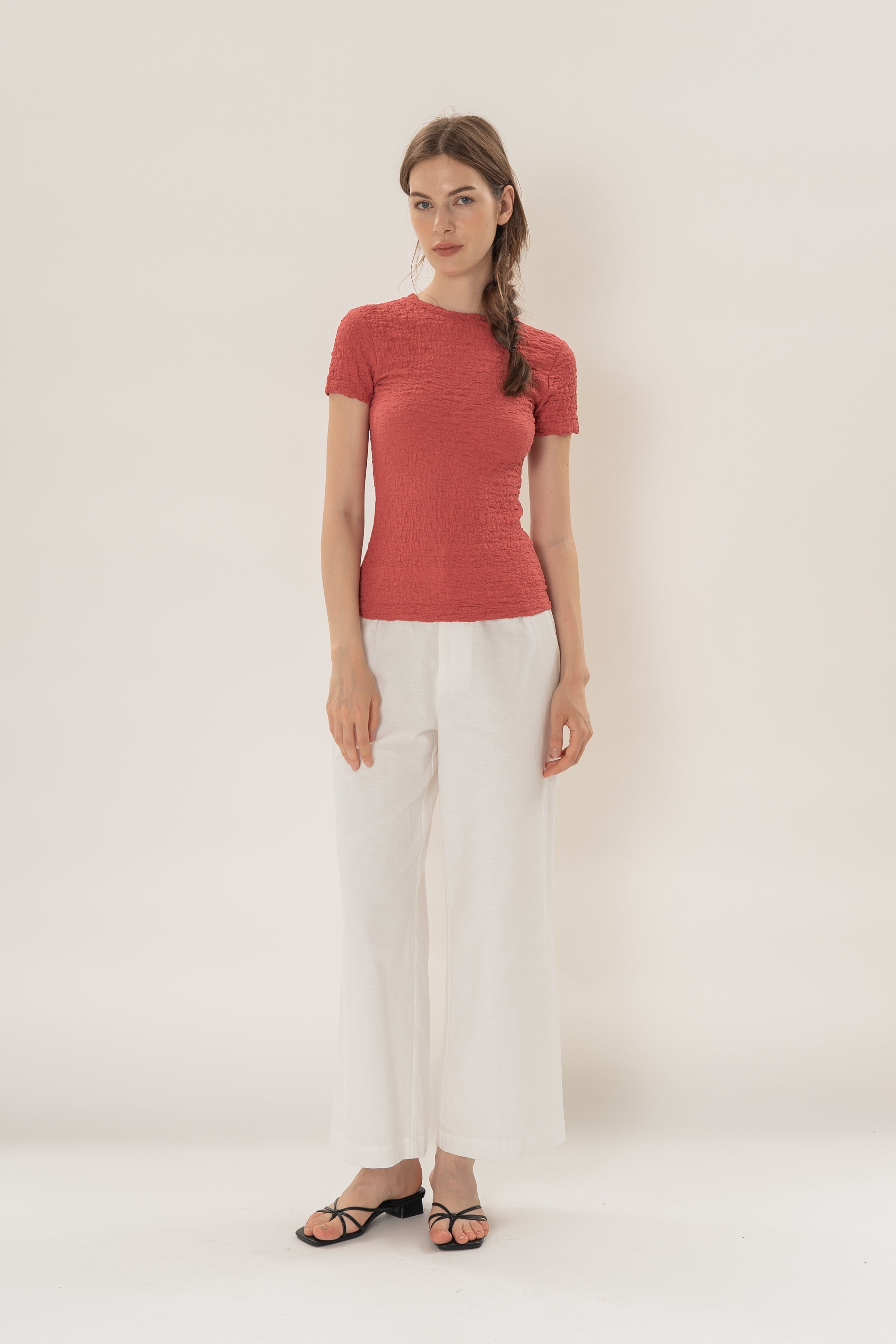 Textured Shirred Tee in Coral Red
