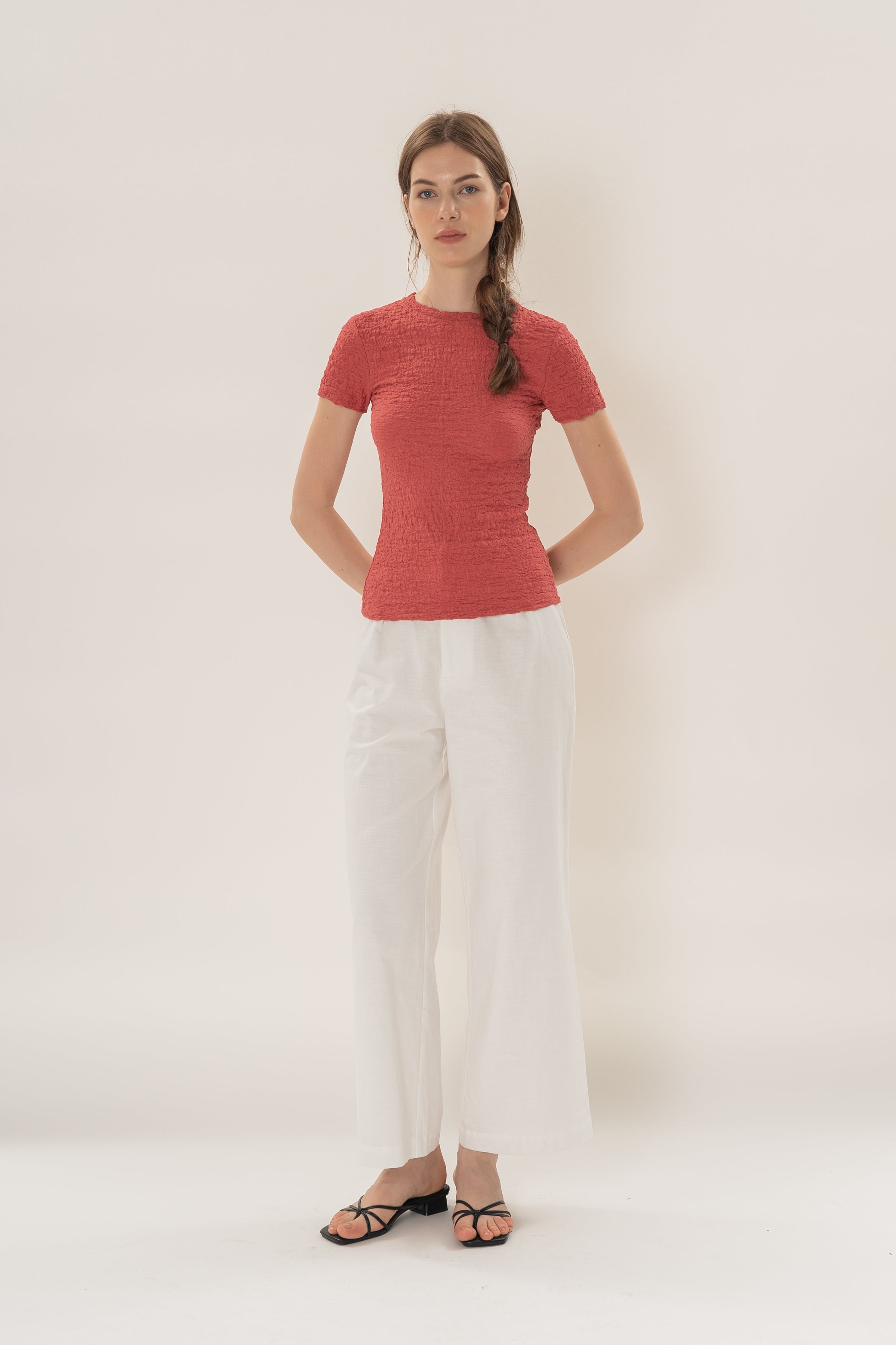 Textured Shirred Tee in Coral Red