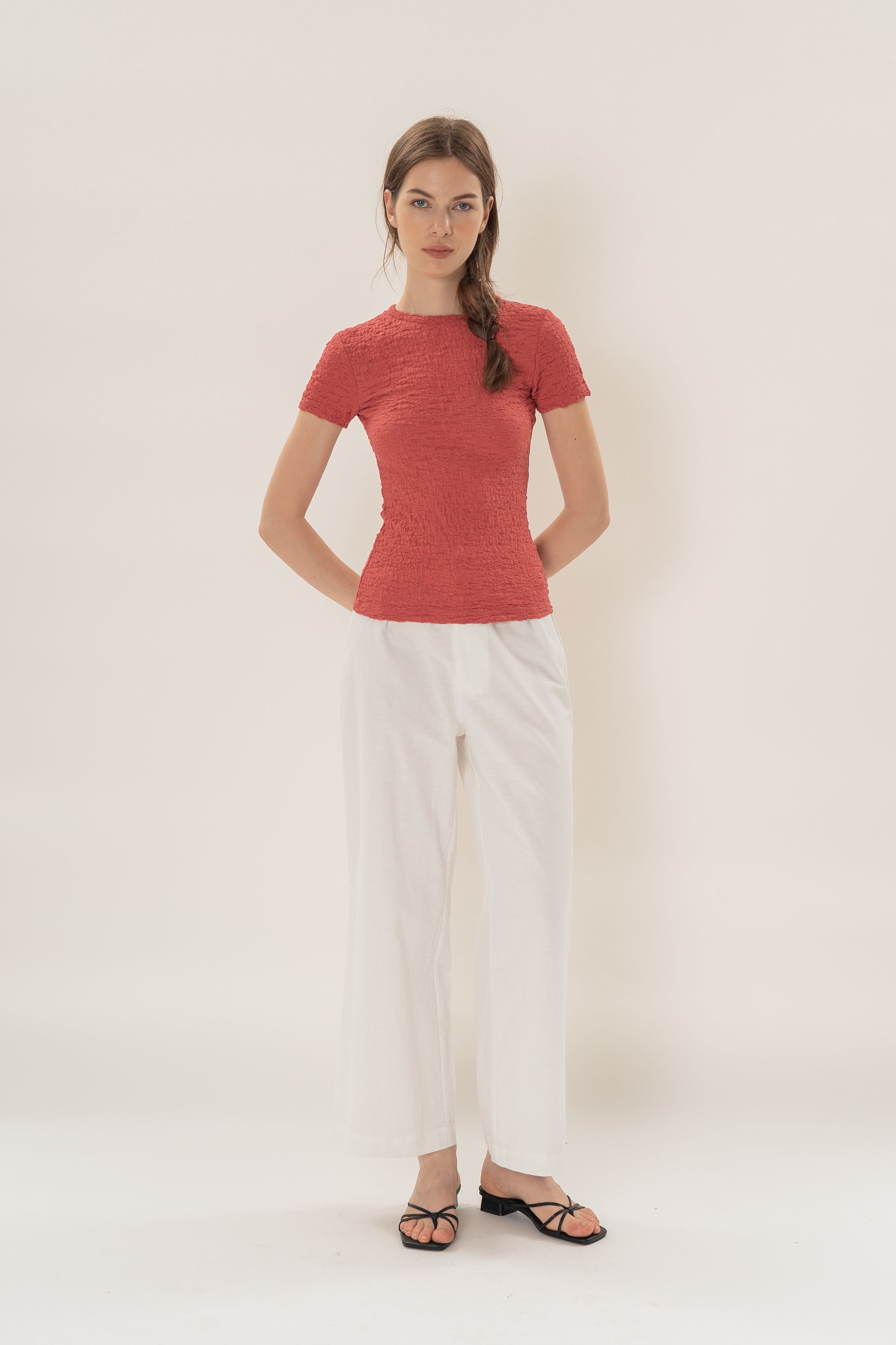 Textured Shirred Tee in Coral Red
