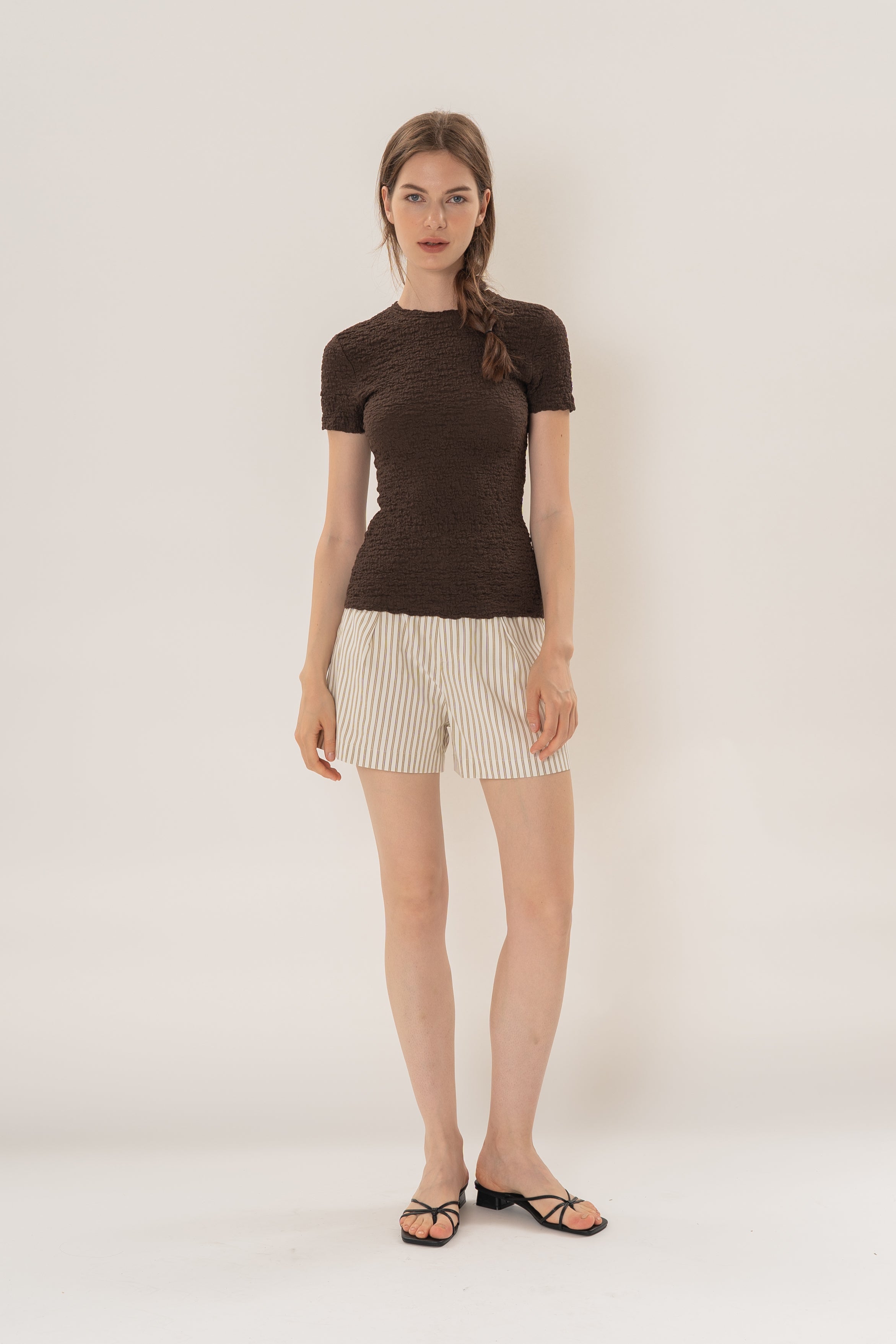 Textured Shirred Tee in Dark Brown