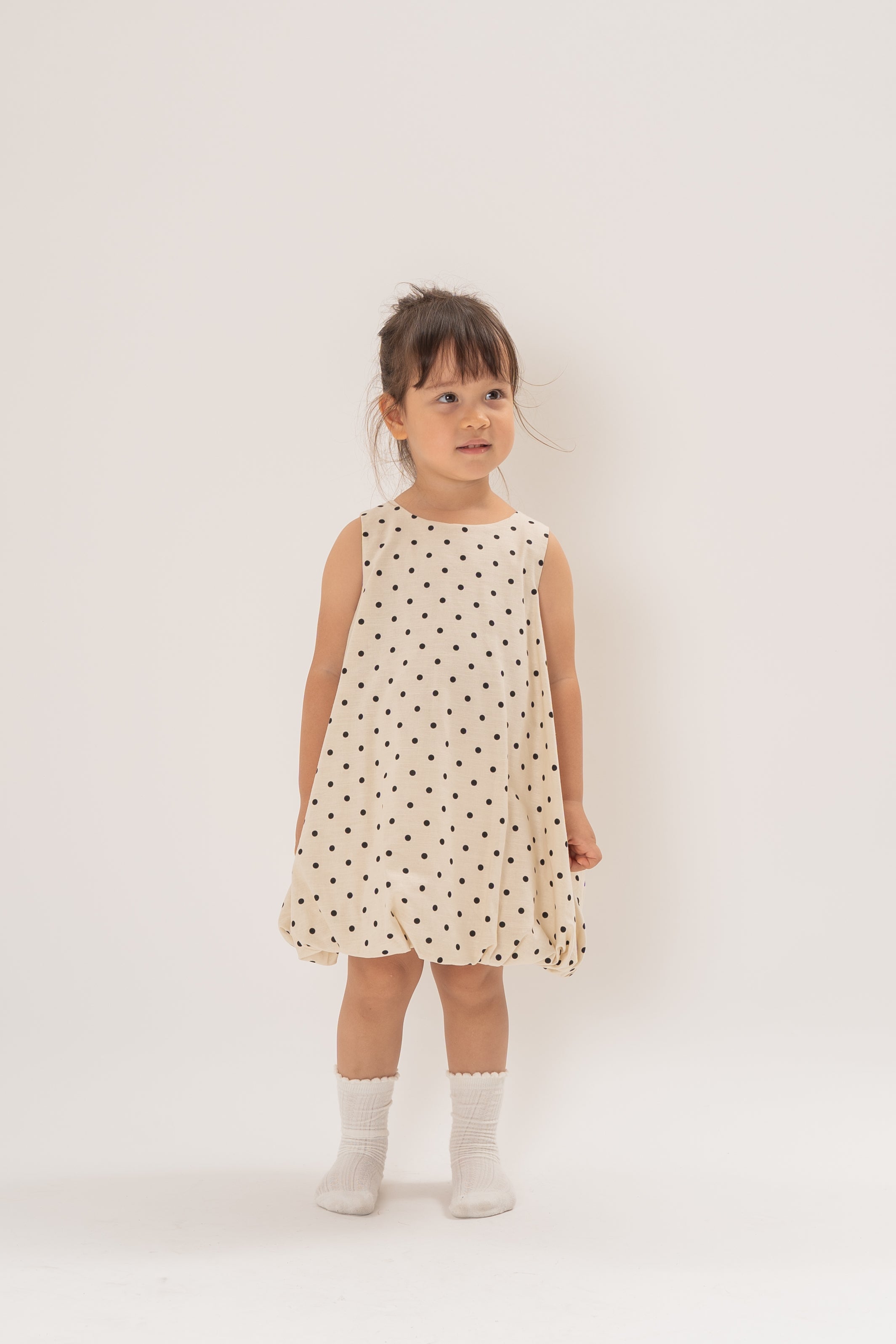 Mini Bubble Hem A-Line Dress in Polka Dot Ivory