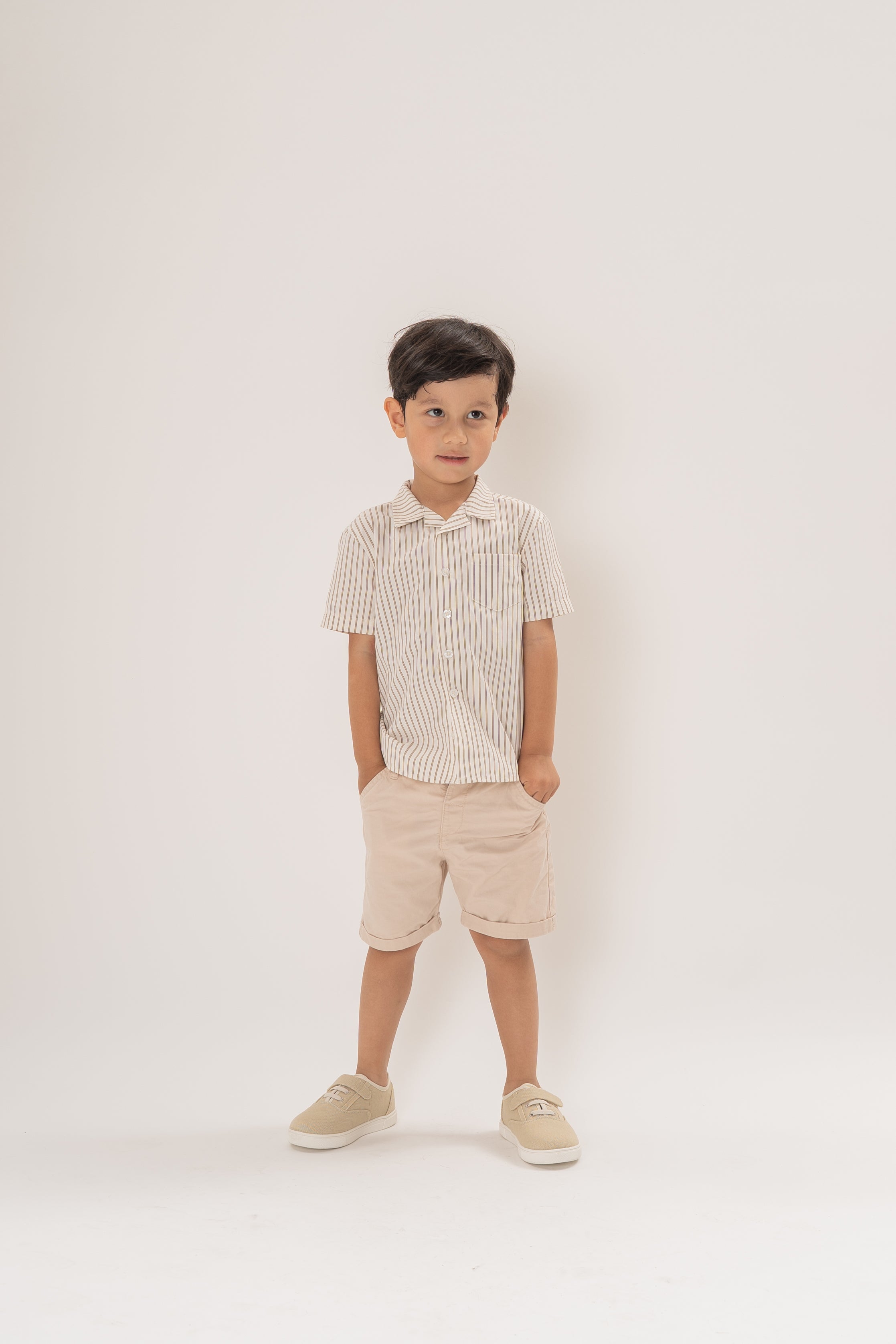 Mini Short Sleeve Pocket Shirt in Tan Stripe