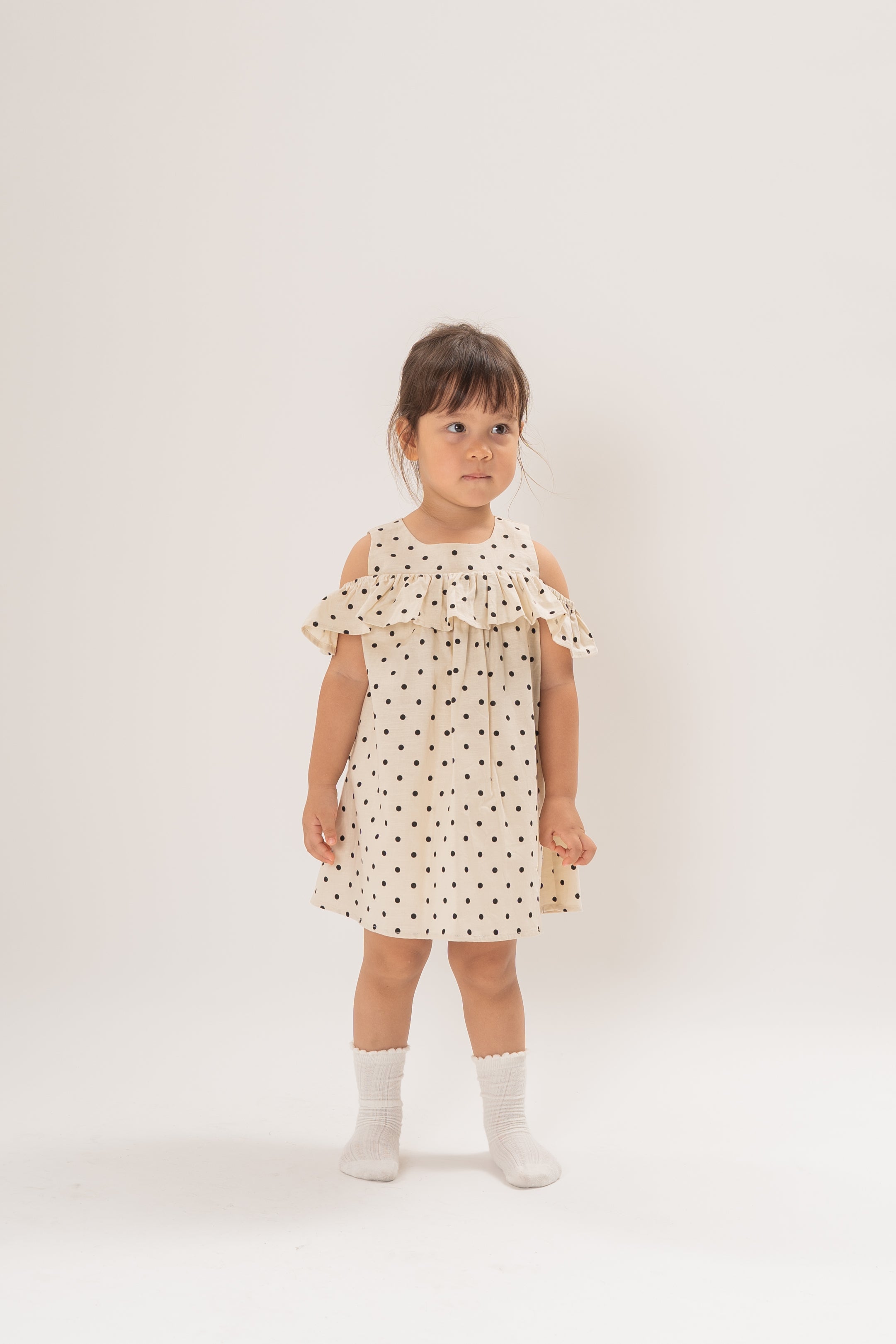 Mini Gathered Dress With Shoulder Detailing in Polka Dot Ivory