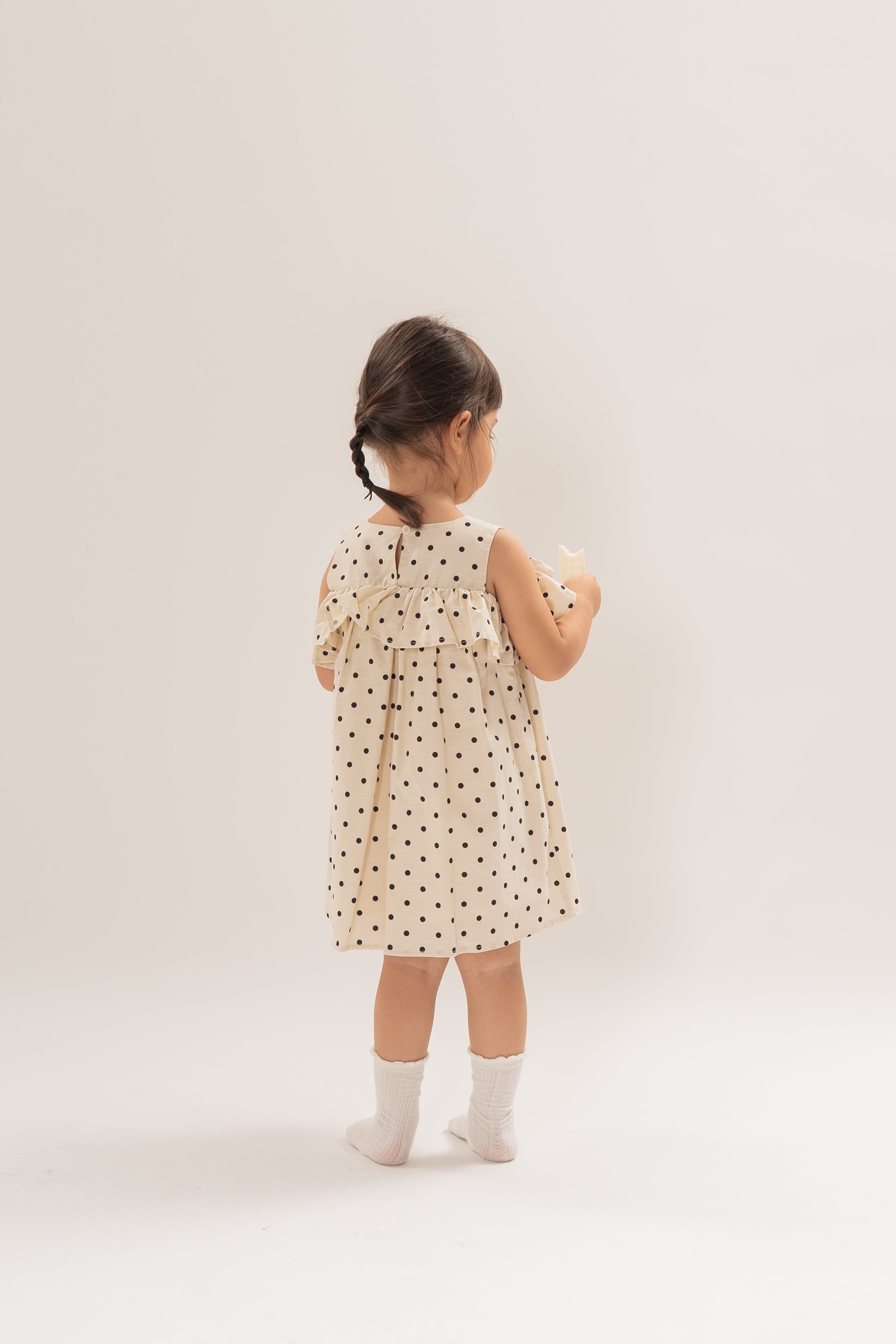 Mini Gathered Dress With Shoulder Detailing in Polka Dot Ivory