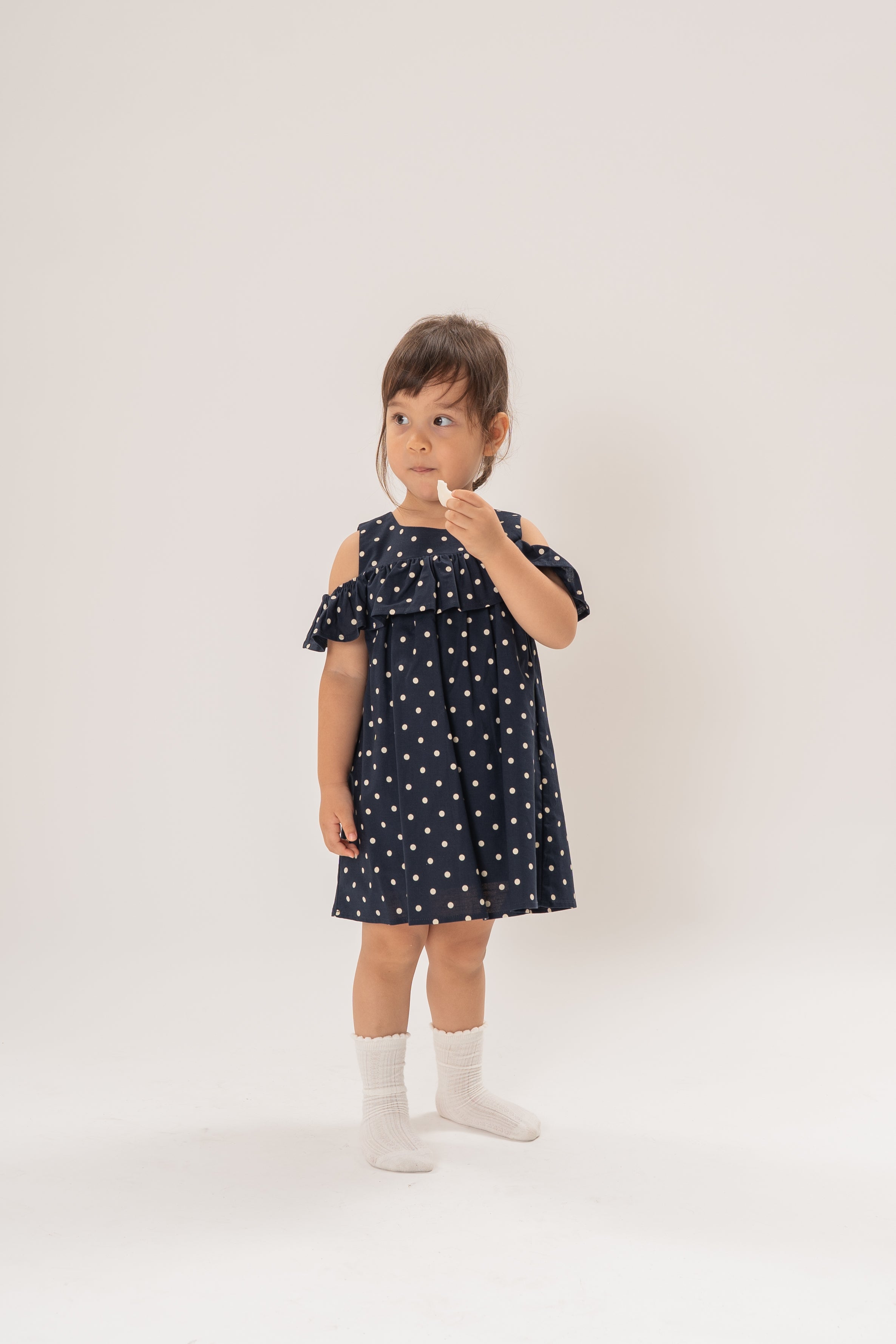 Mini Gathered Dress With Shoulder Detailing in Polka Dot Navy