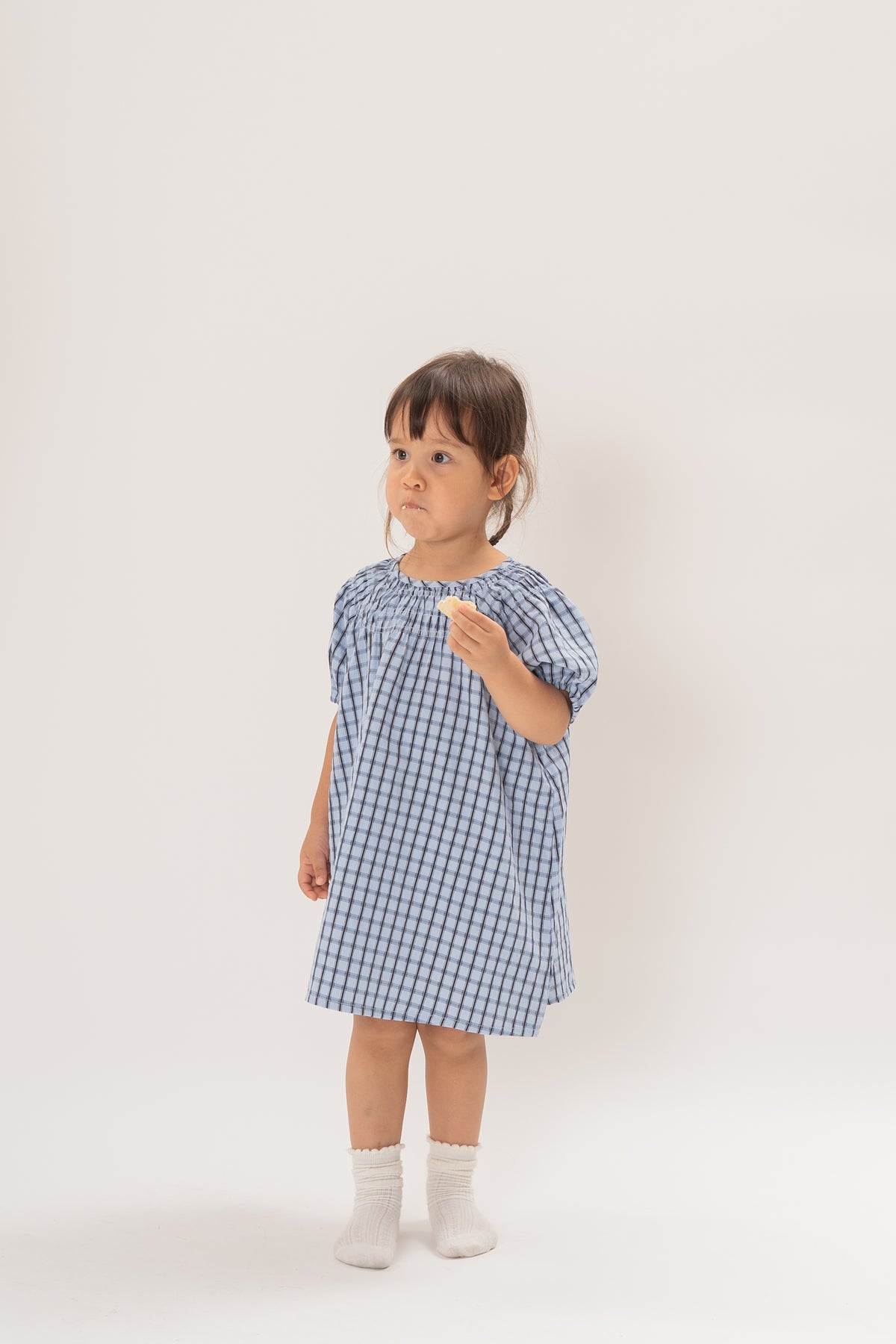 Mini Puffed Sleeve Shirred Neckline Dress in Ocean Blue Gingham