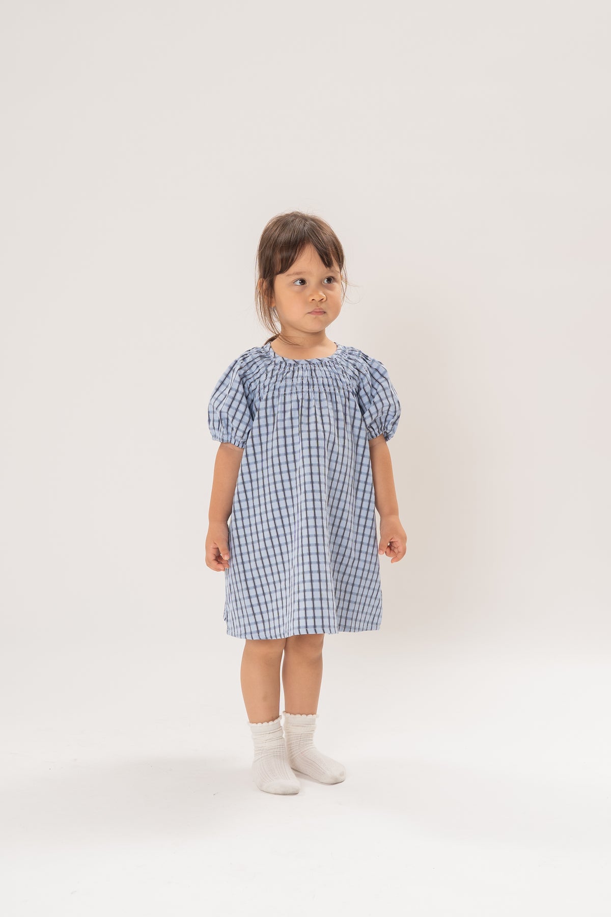 Mini Puffed Sleeve Shirred Neckline Dress in Ocean Blue Gingham