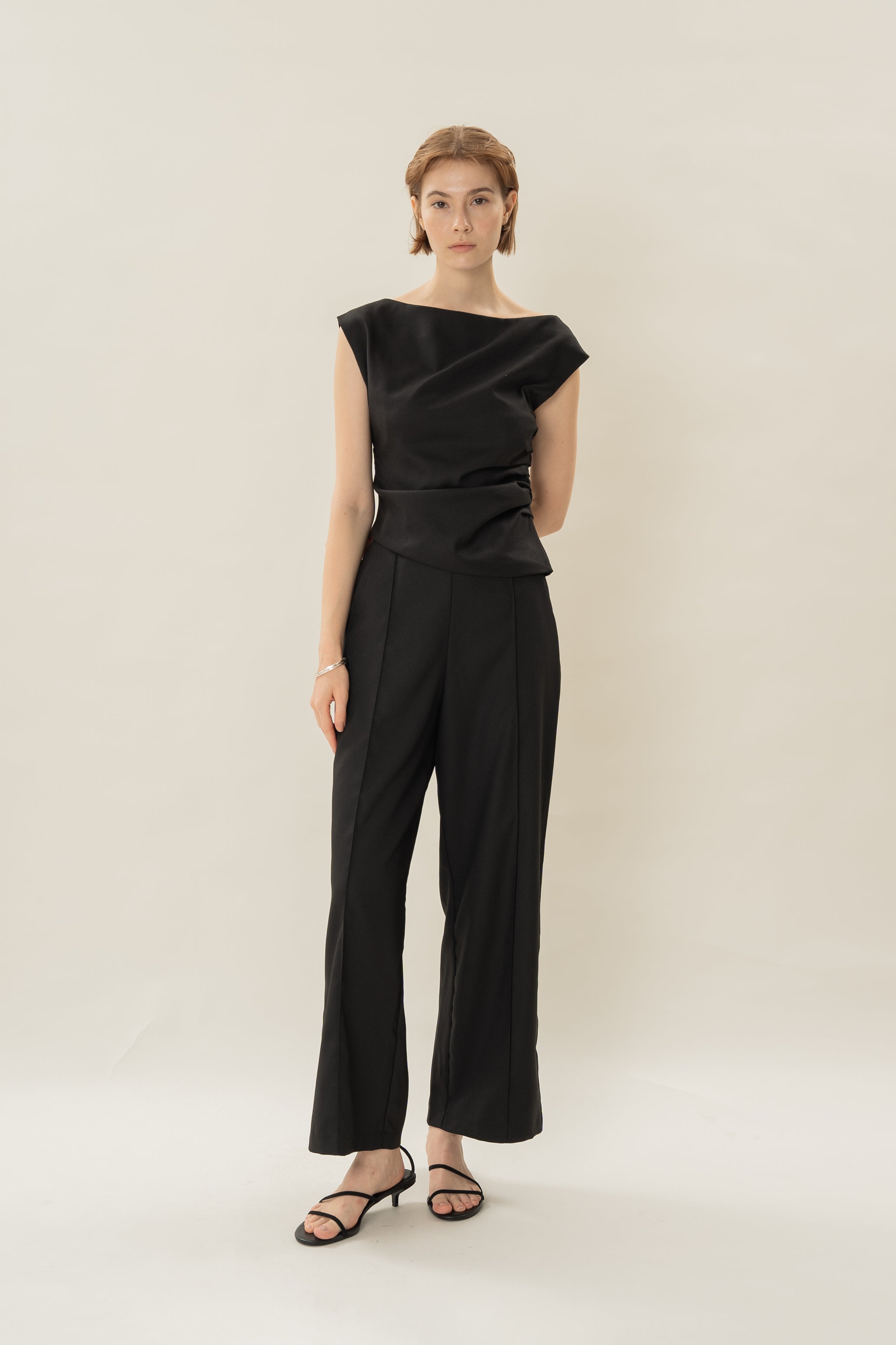 Asymmetrical Ruched Waist Blouse in Black
