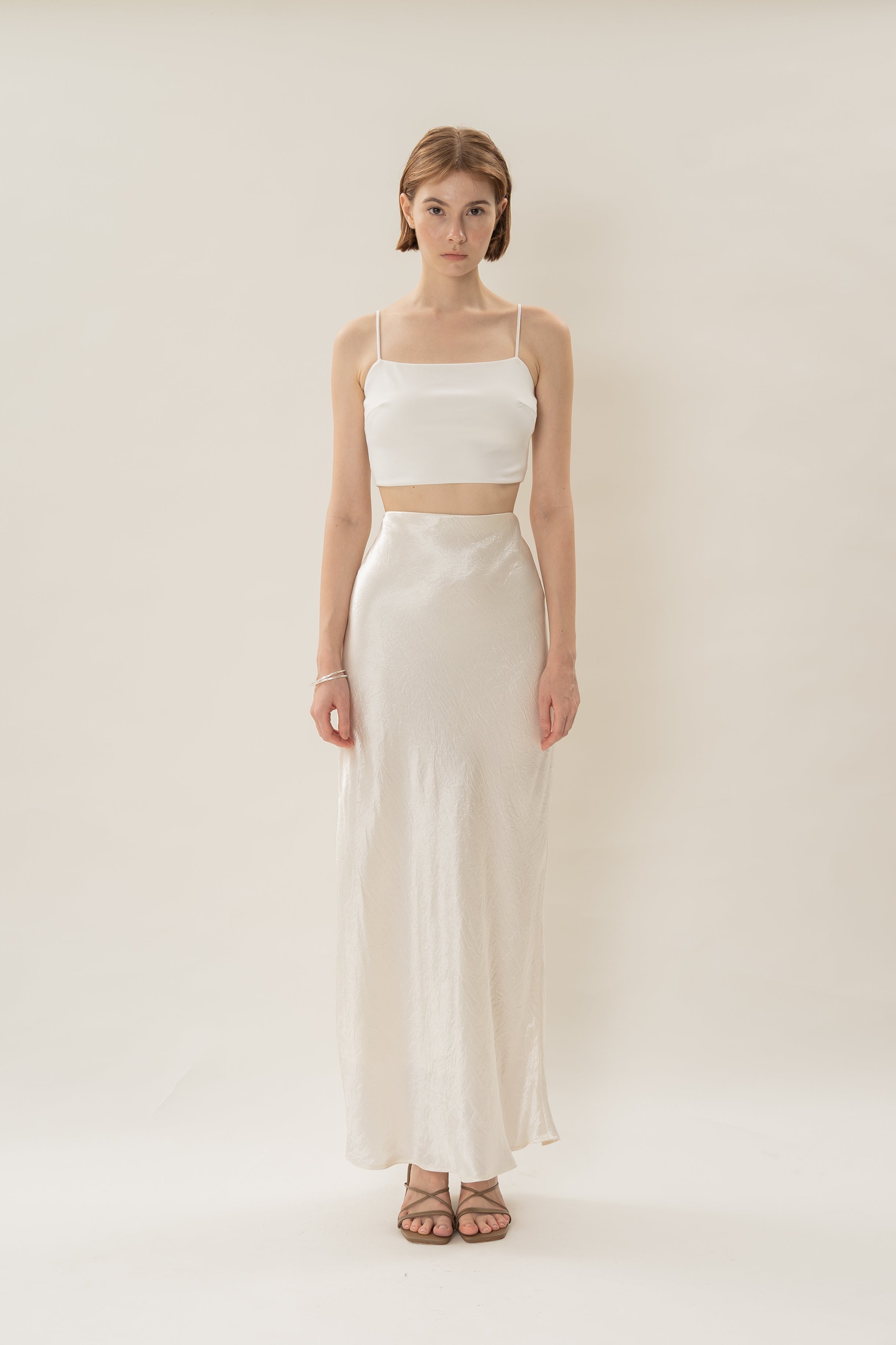 Satin Midi Slip Skirt in Ivory