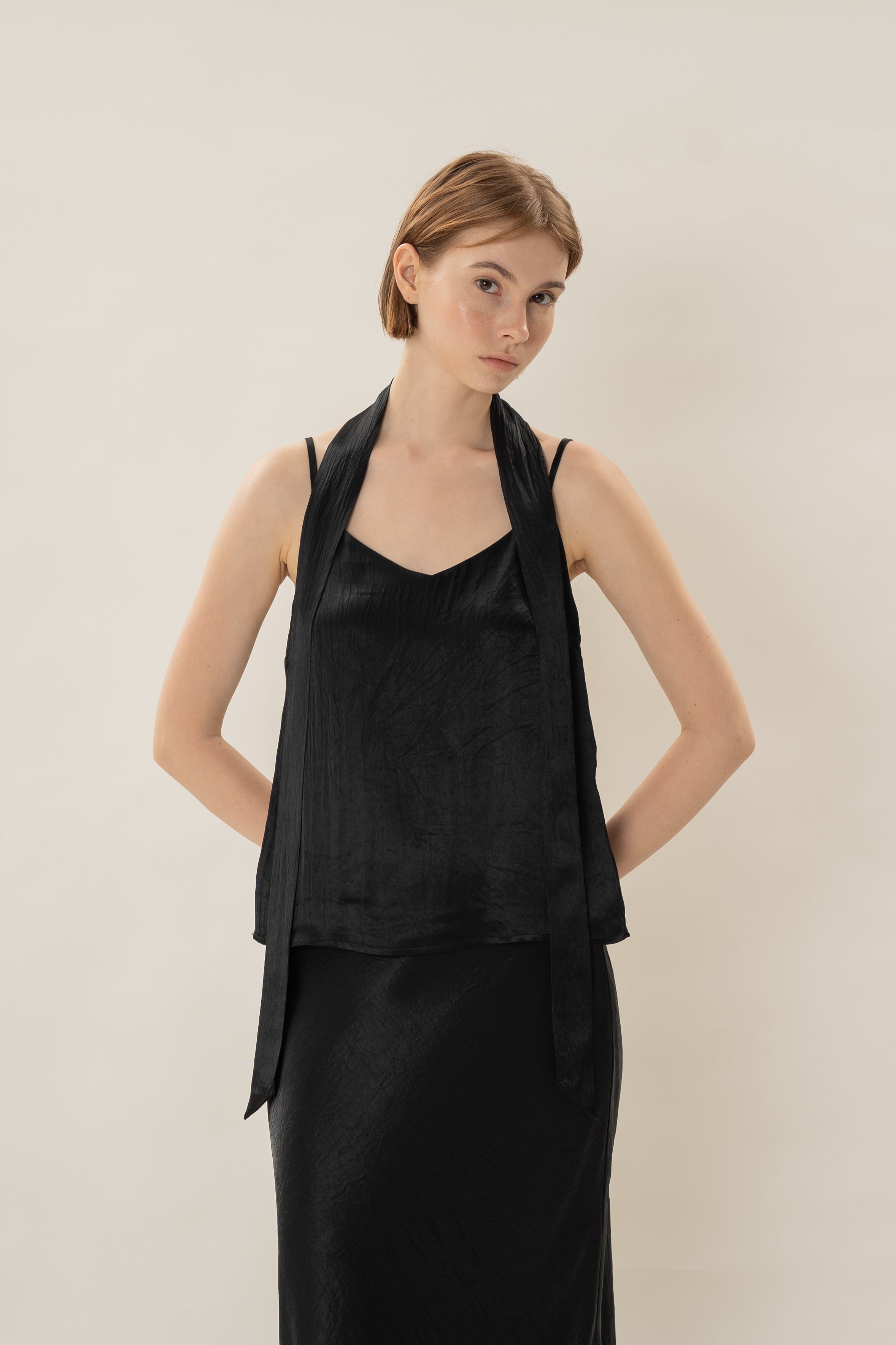 Satin Camisole Slip Top in Black