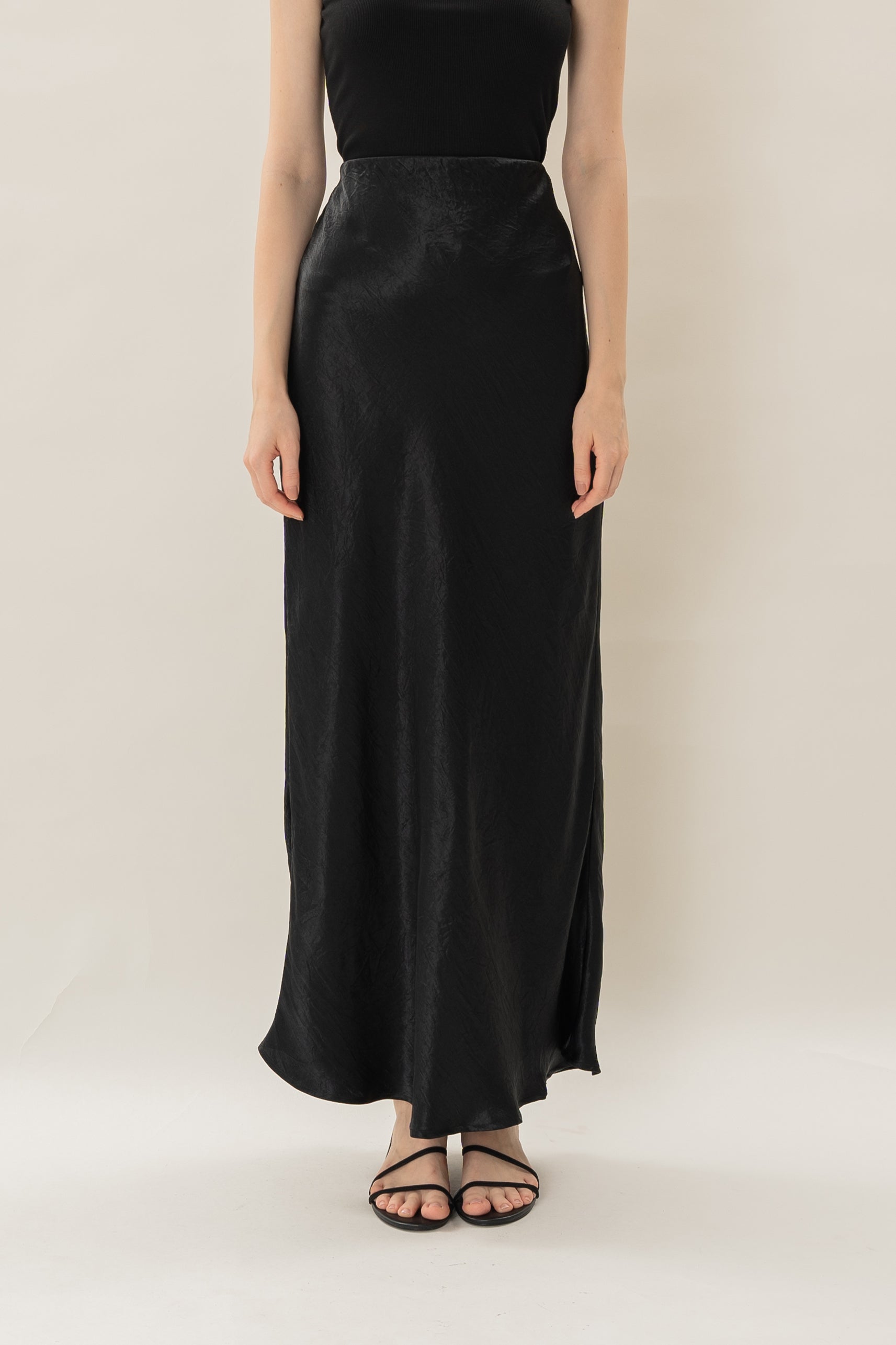 Satin Midi Slip Skirt in Black