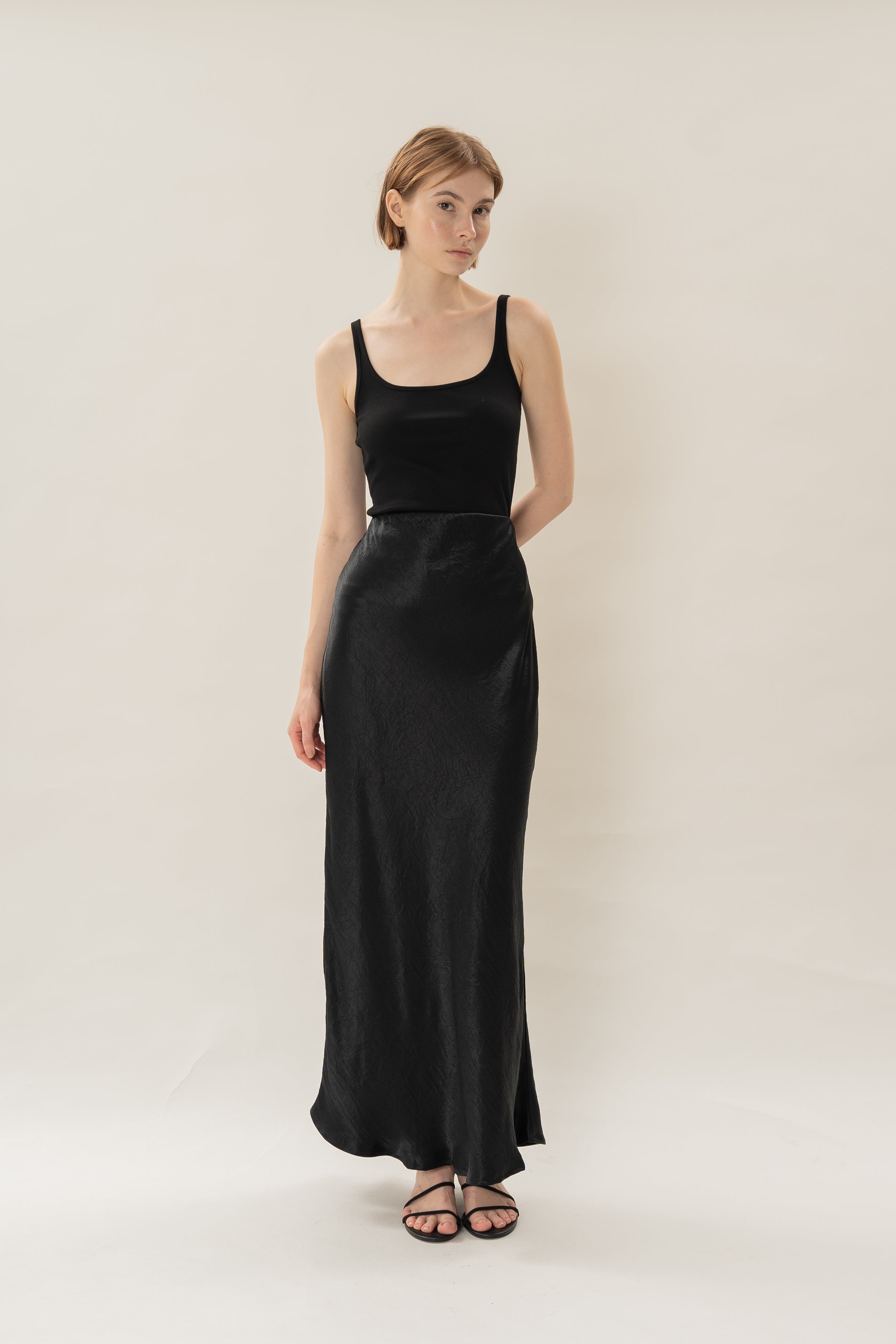 Satin Midi Slip Skirt in Black