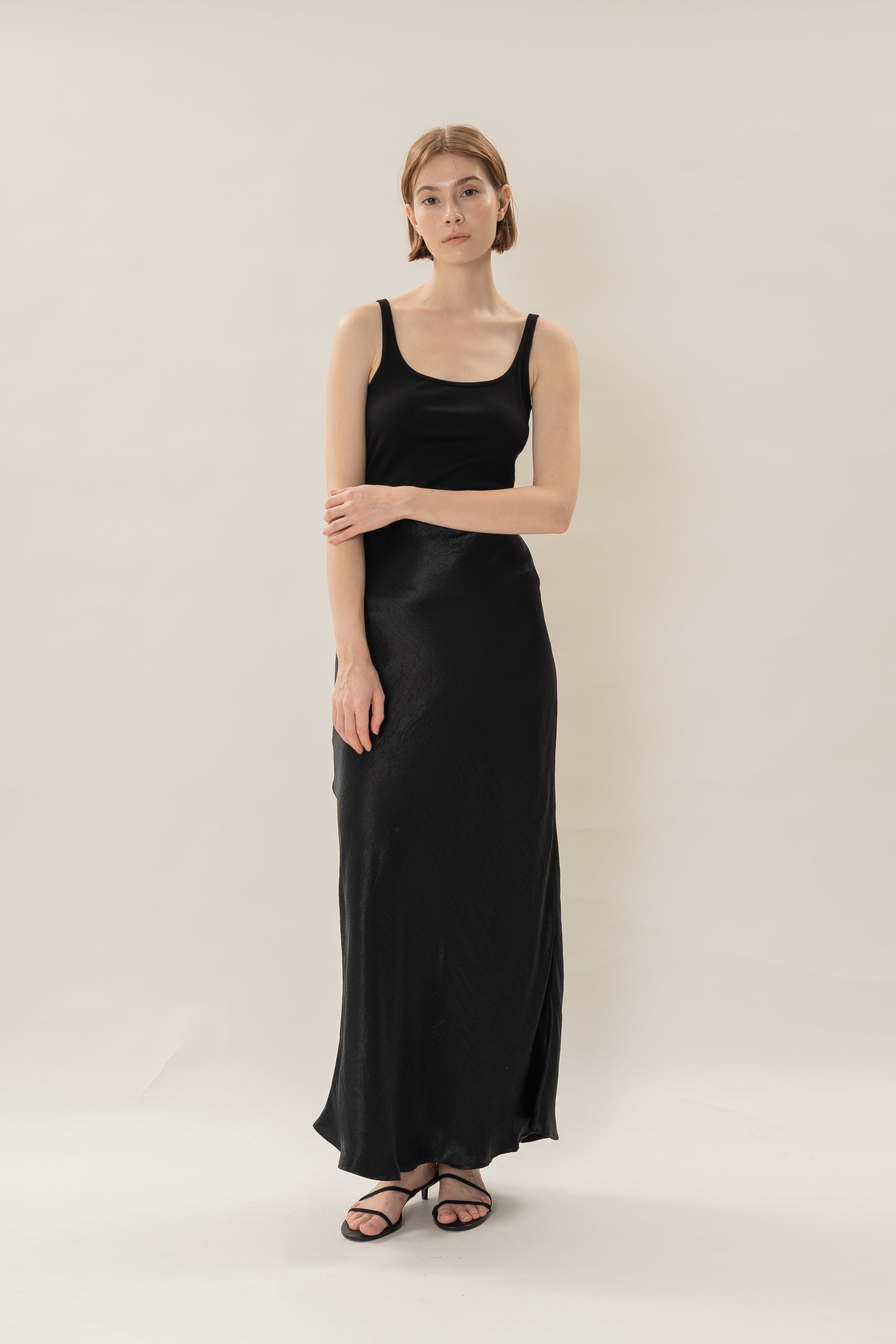 Satin Midi Slip Skirt in Black