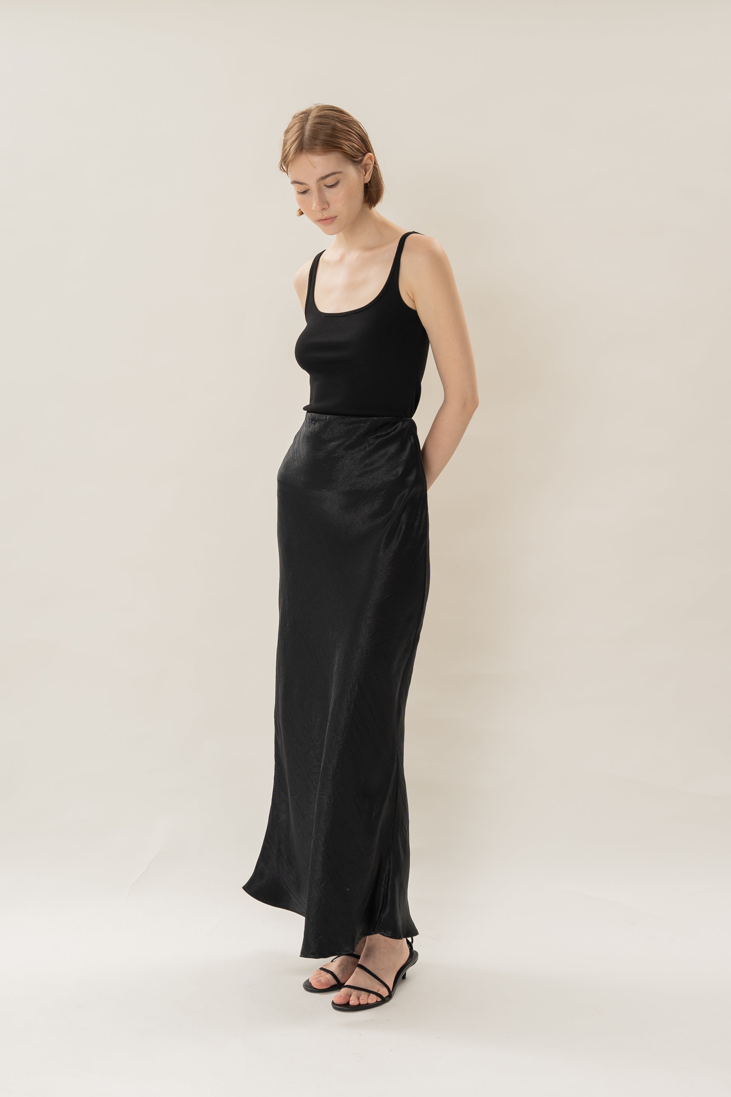 Satin Midi Slip Skirt in Black