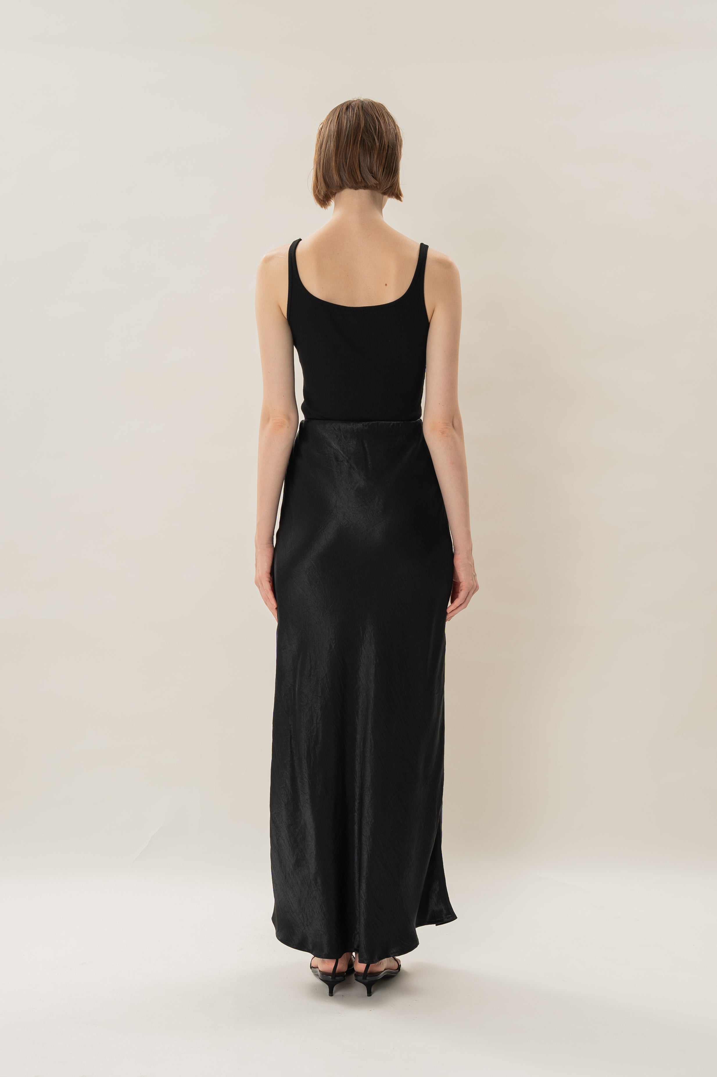 Satin Midi Slip Skirt in Black