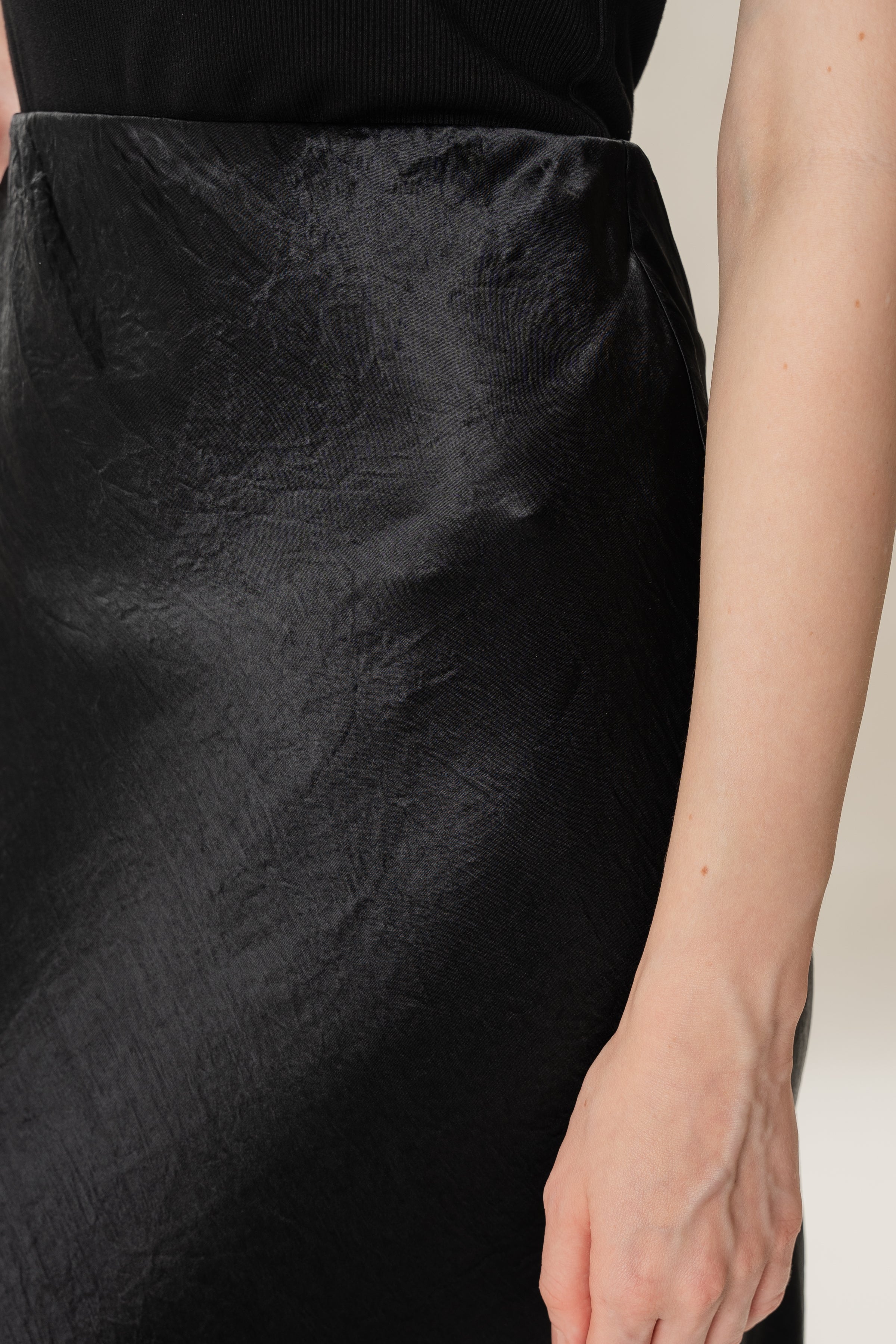 Satin Midi Slip Skirt in Black