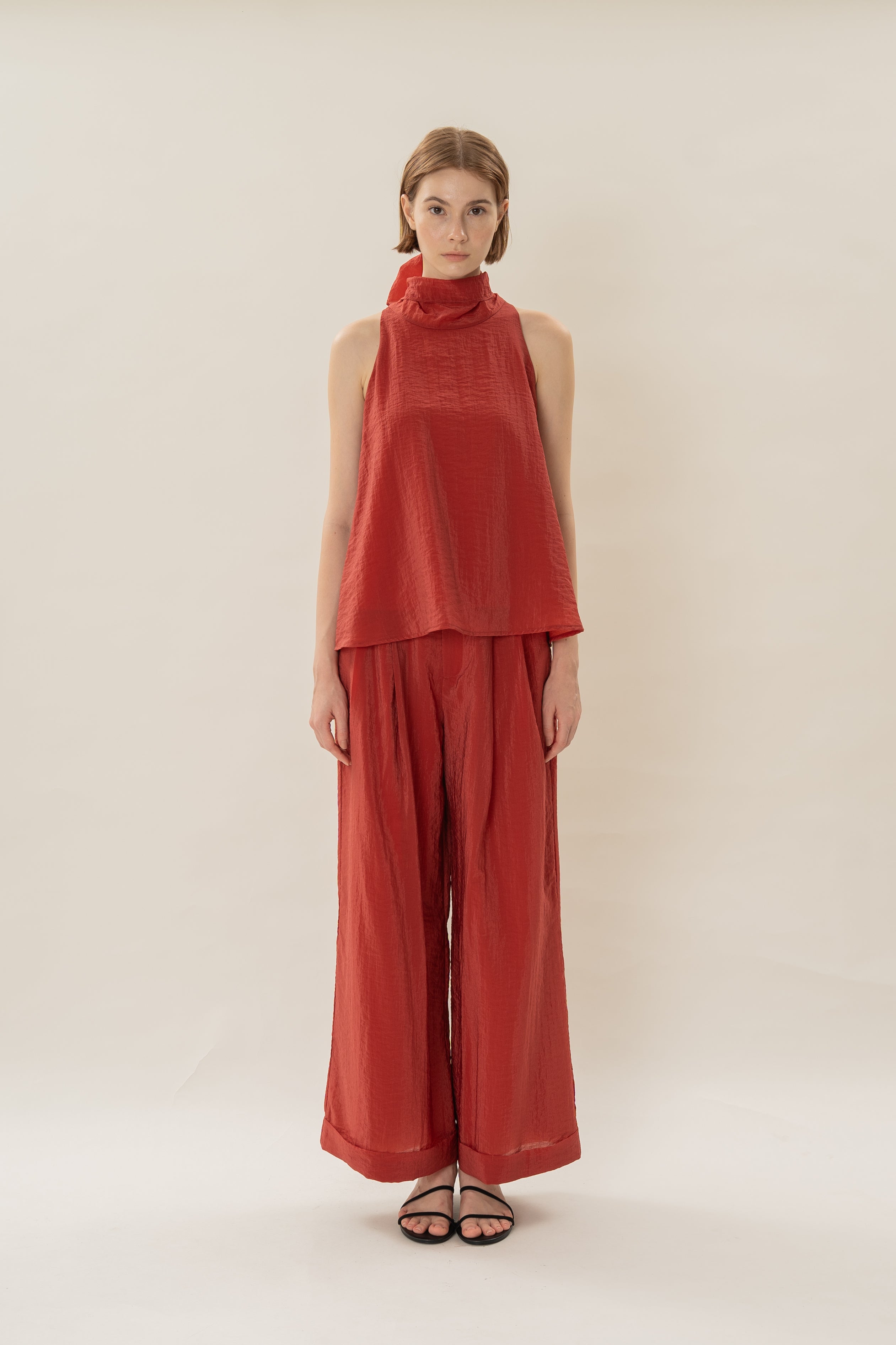 Sash Neckline Haller Blouse in Red