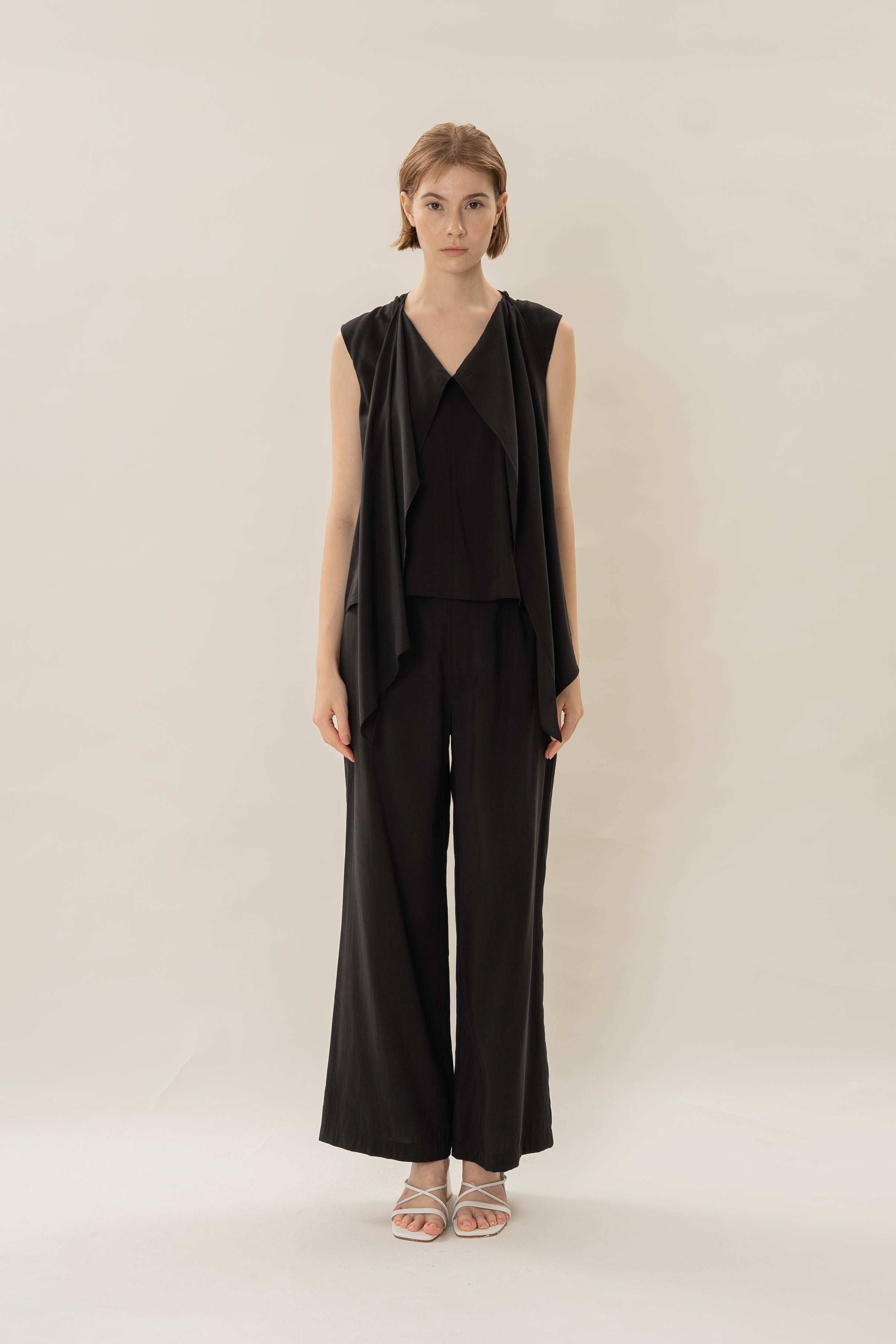 Draped Sash V-Neck Sleeveeless Blouse in Black